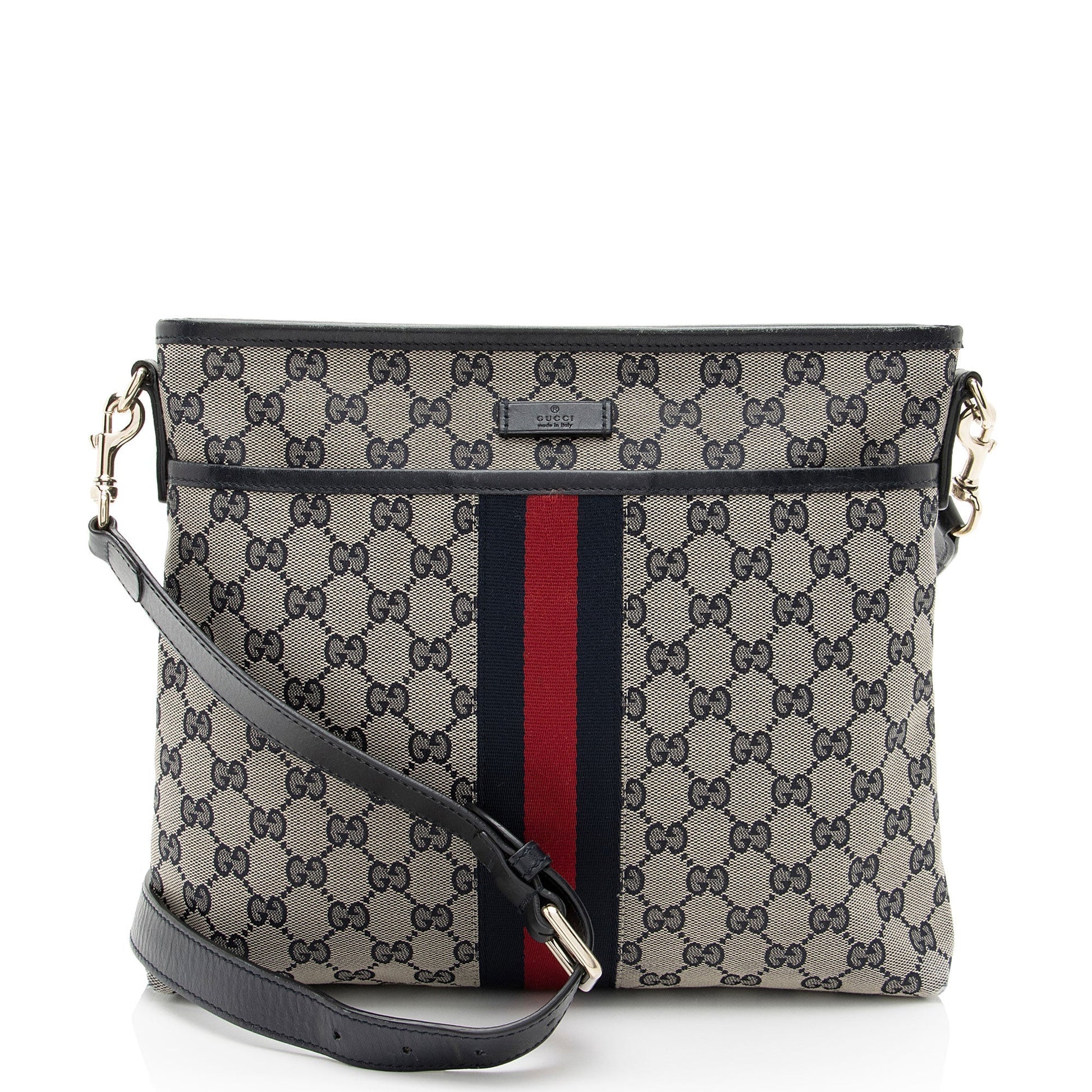 Gucci GG Classic Web Messenger Leather Canvas Nylon Beige Shoulder Bag