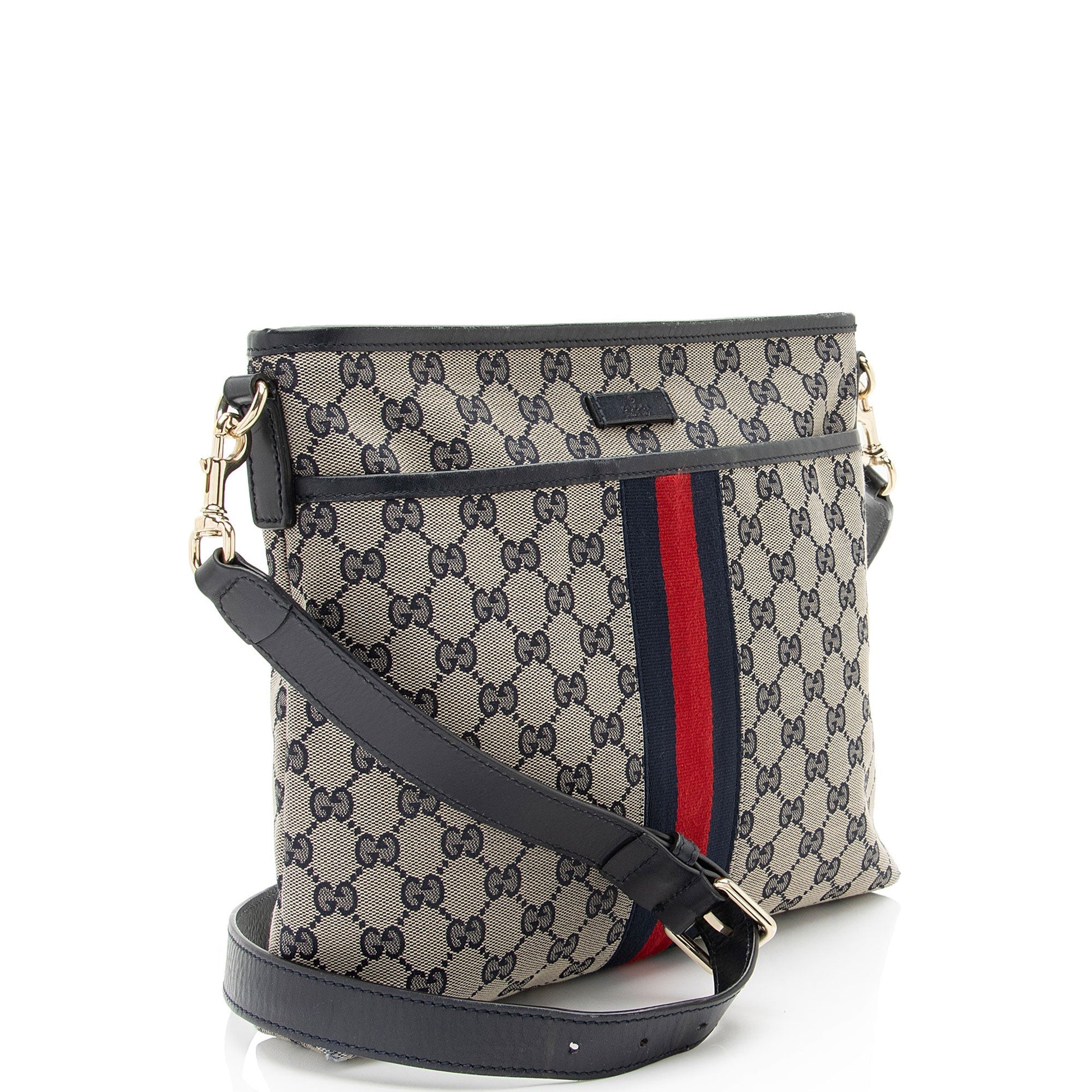 Gucci GG Classic Web Messenger Leather Canvas Nylon Beige Shoulder Bag