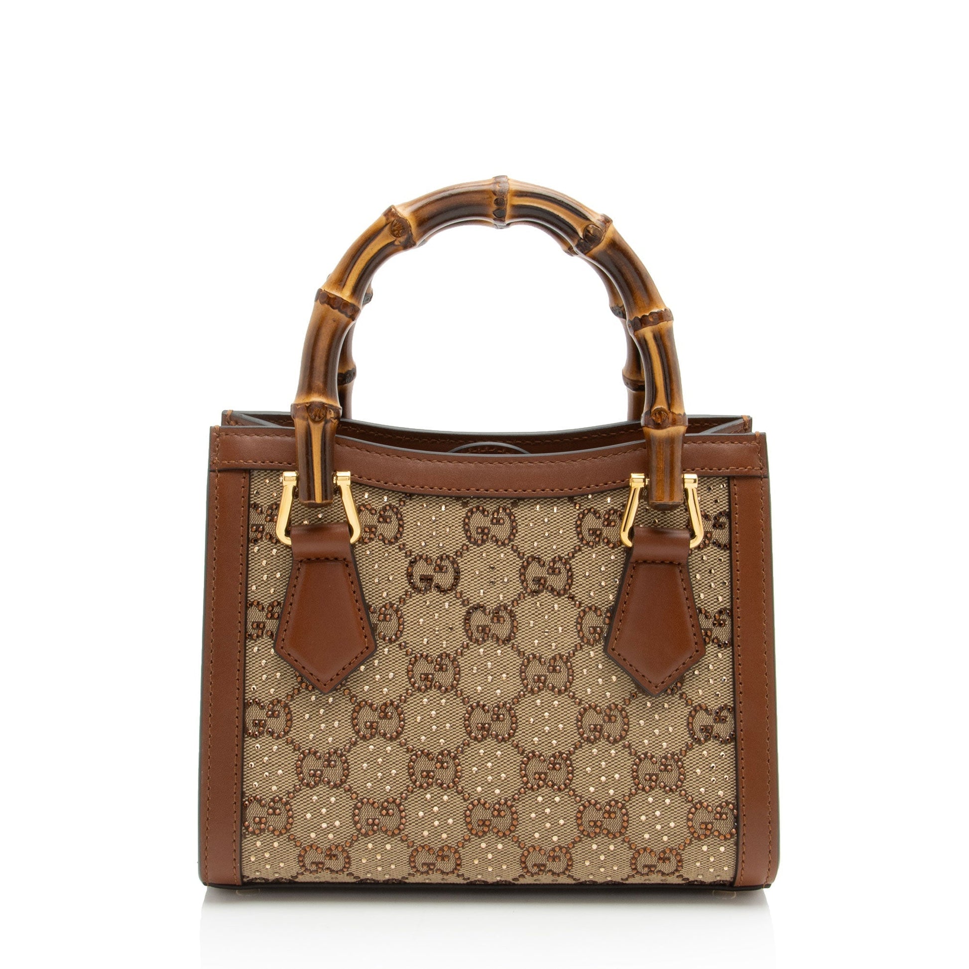 Gucci Crystal GG Bamboo Diana SHF-E7QQjx Leather Canvas Brown Beige Tote Bag