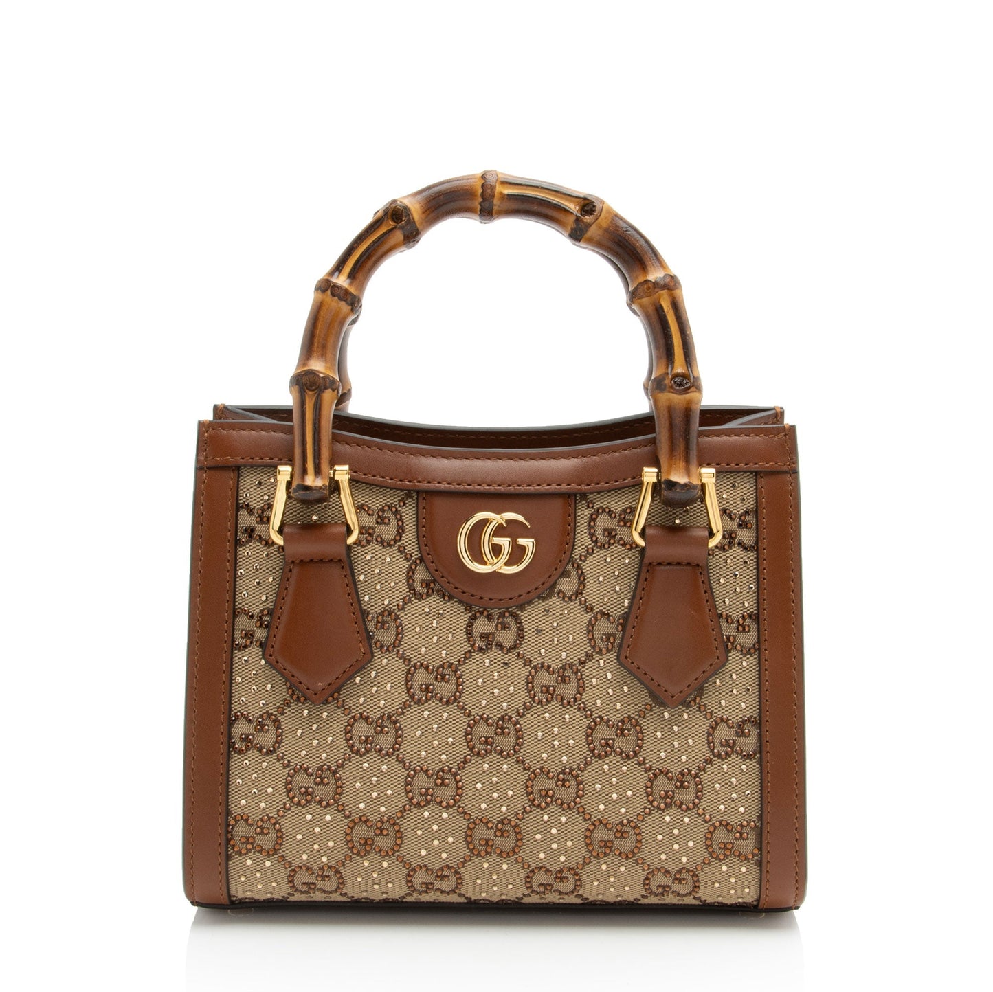 Gucci Crystal GG Bamboo Diana SHF-E7QQjx Leather Canvas Brown Beige Tote Bag