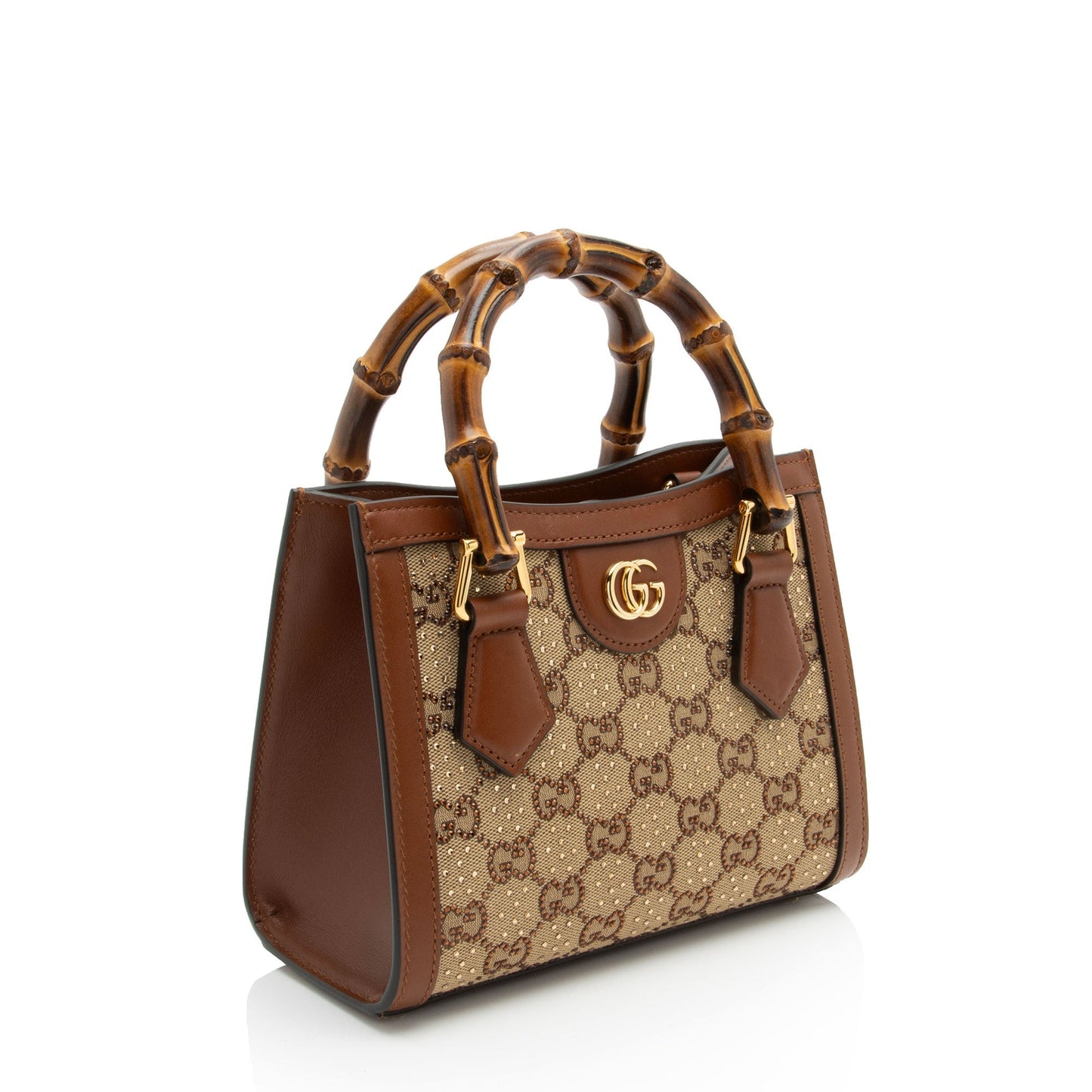 Gucci Crystal GG Bamboo Diana SHF-E7QQjx Leather Canvas Brown Beige Tote Bag