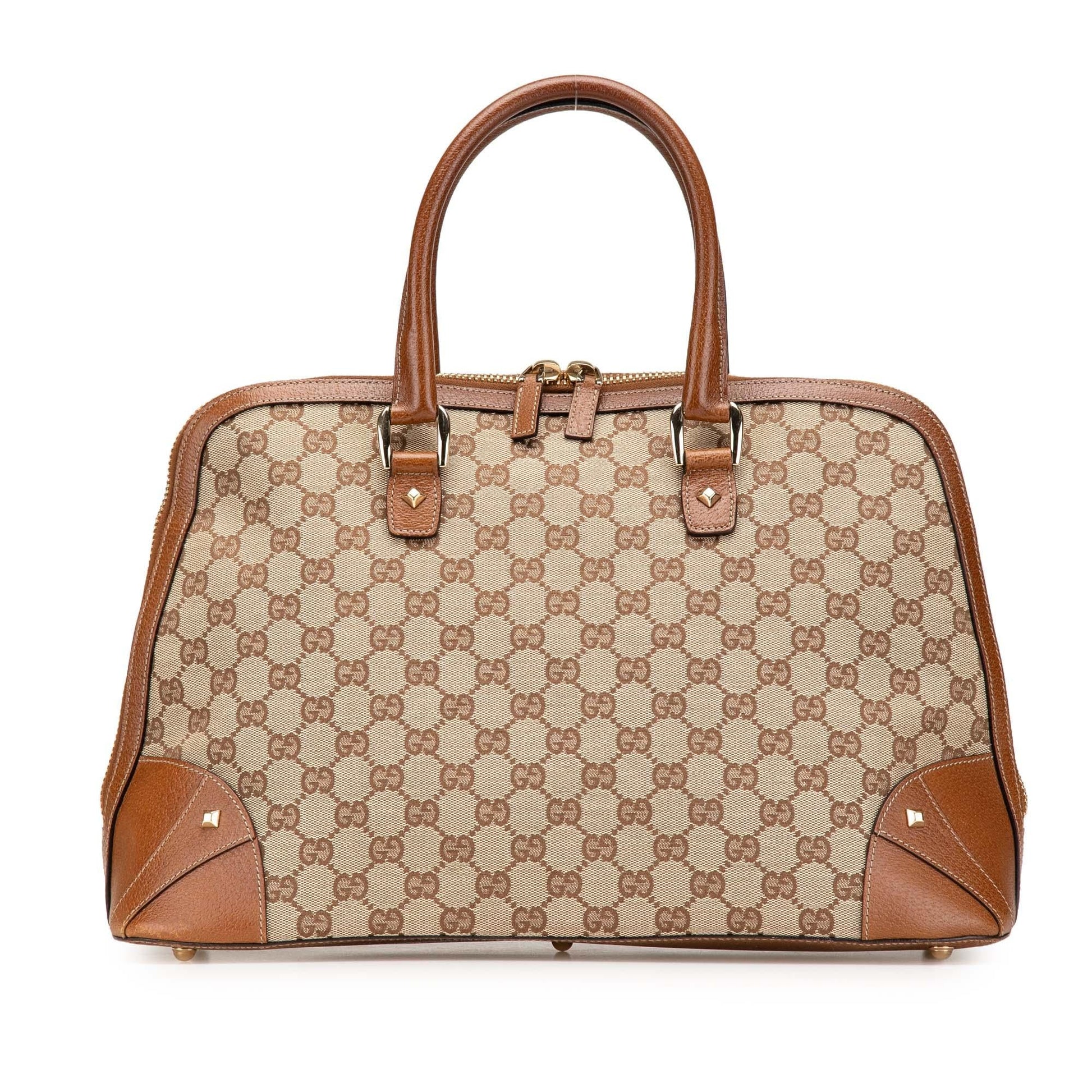 Gucci GG Dome Nailhead Canvas Calf Brown Satchel Bag