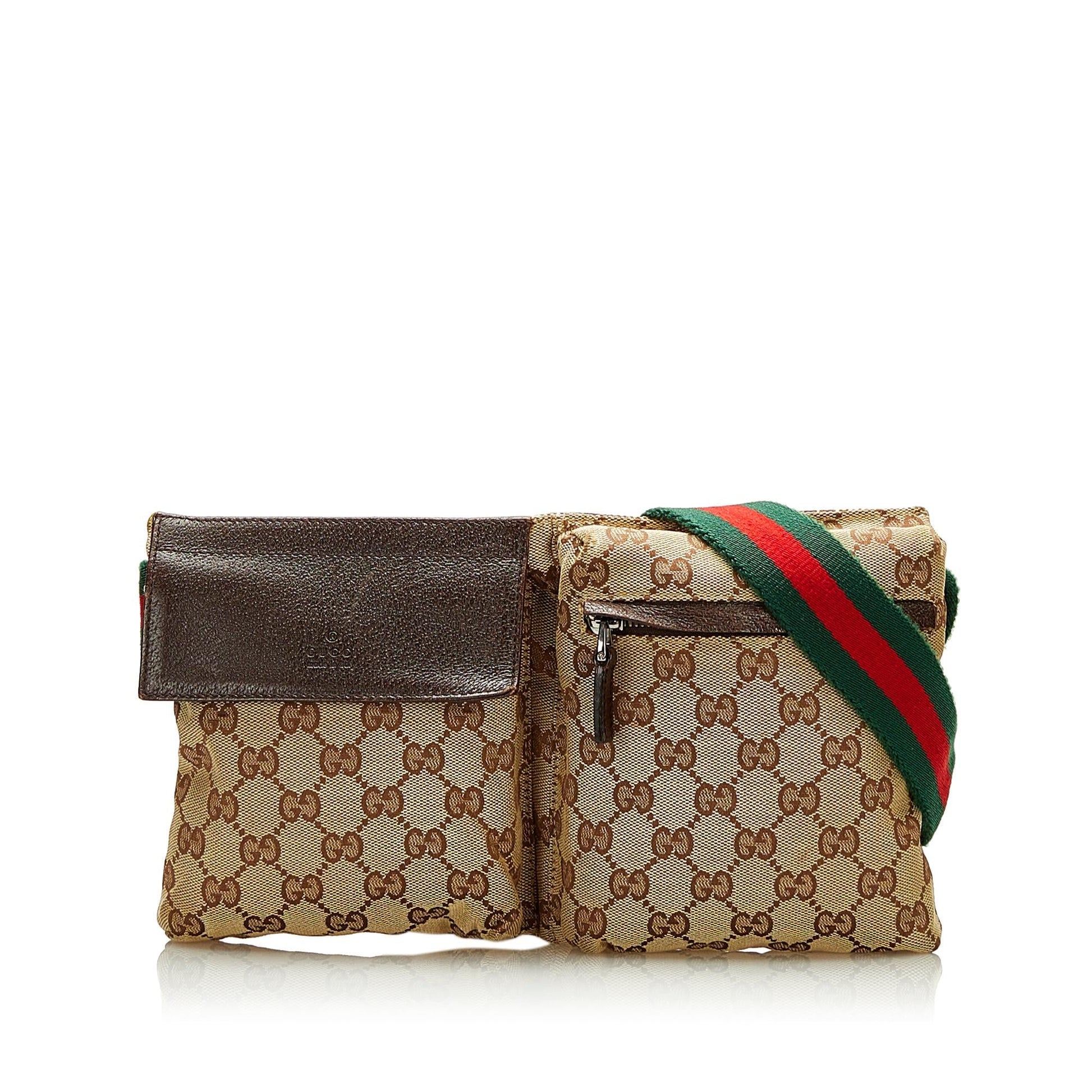 Gucci GG Double Pocket Belt SHG Canvas Brown Accessory