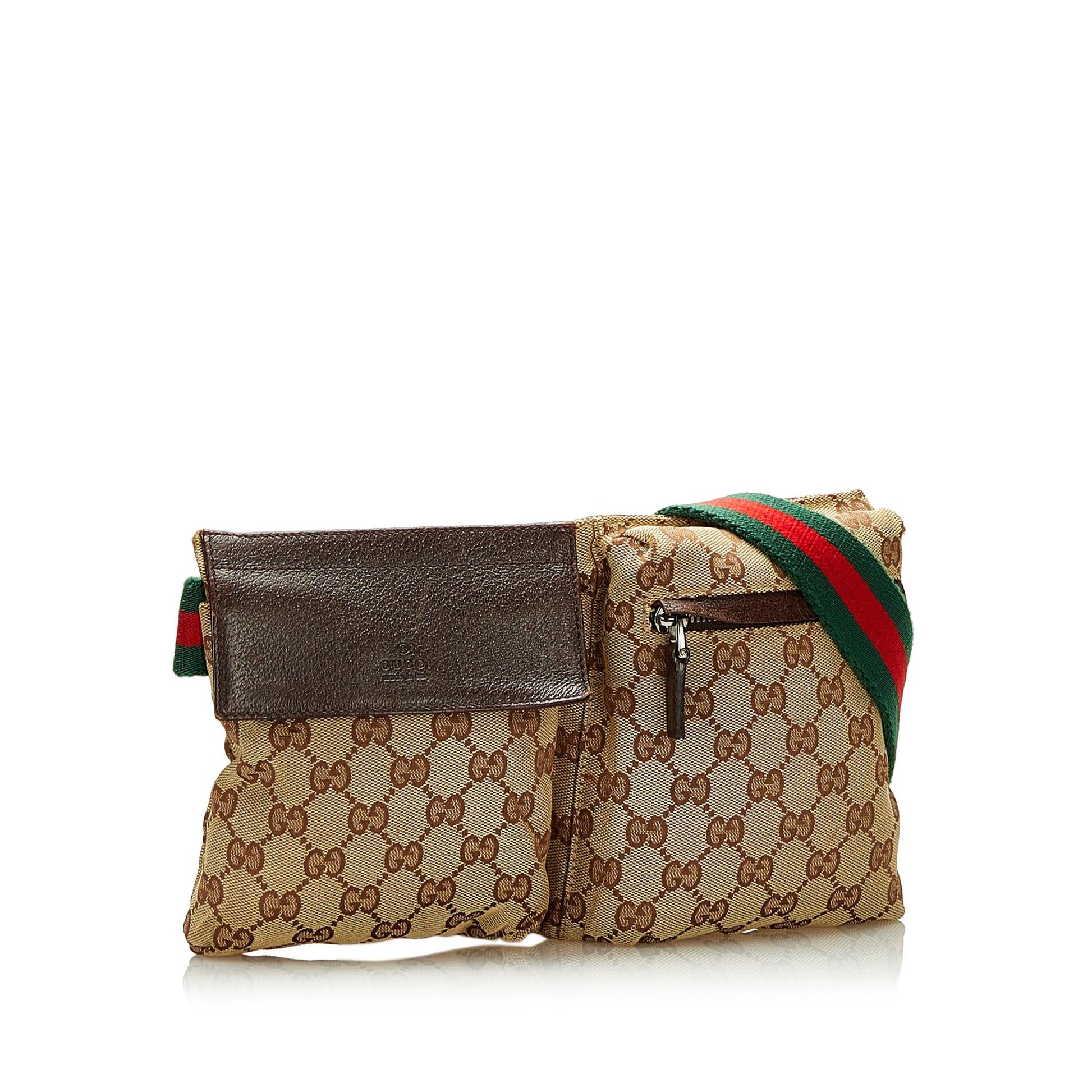 Gucci GG Double Pocket Belt SHG Canvas Brown Accessory