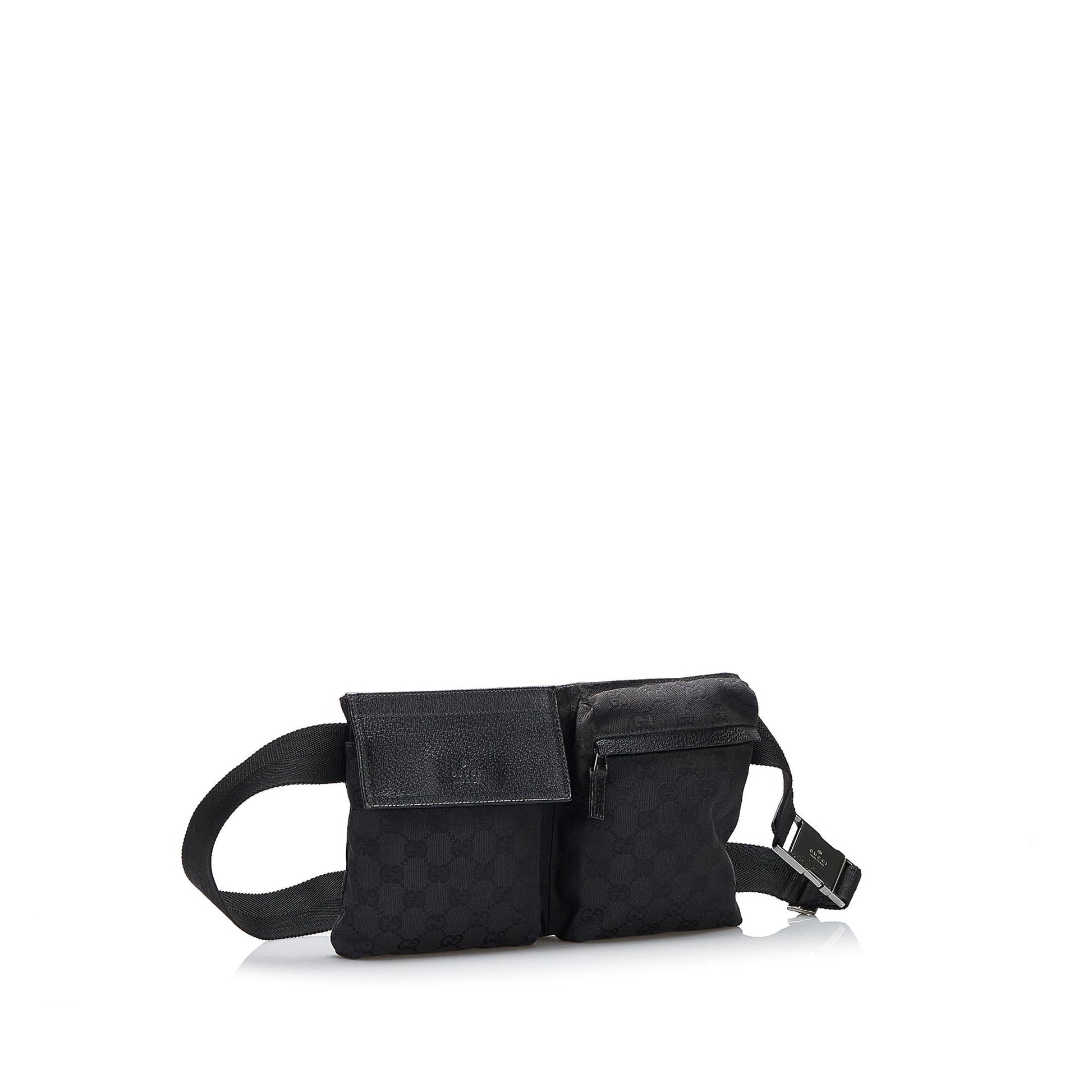Gucci GG Double Pocket Belt SHG-RSeo1B Canvas Calf Black Accessory