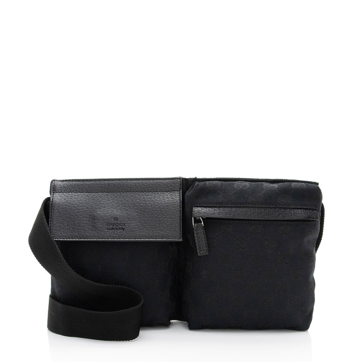 Gucci GG Double Pocket Belt SHF-a1zpfw Leather Canvas Nylon Black Accessory