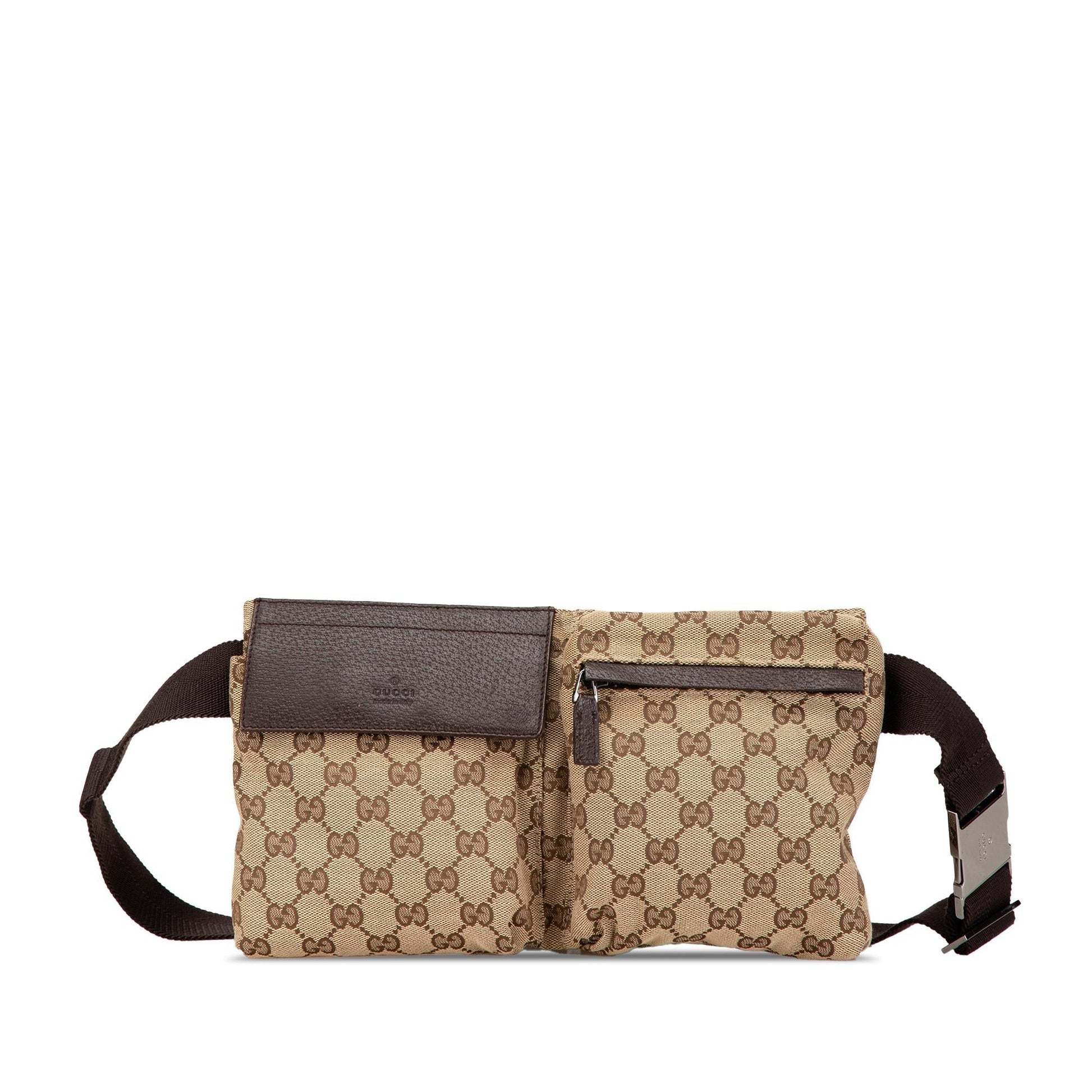 Gucci GG Double Pocket Belt Canvas Calf Brown Accessory Shg O76Tny