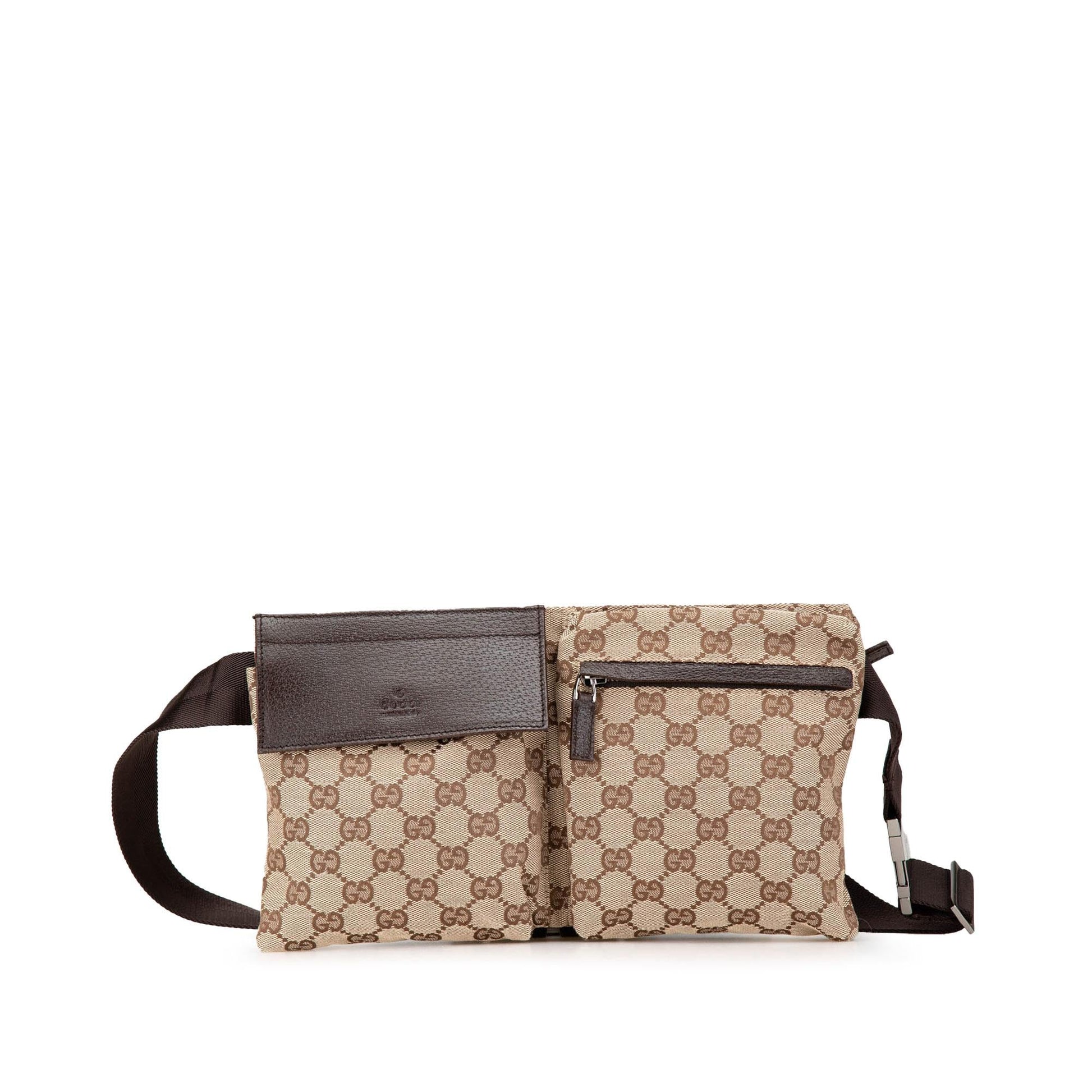 Gucci GG Double Pocket Belt Canvas Calf Brown Accessory Bag 1