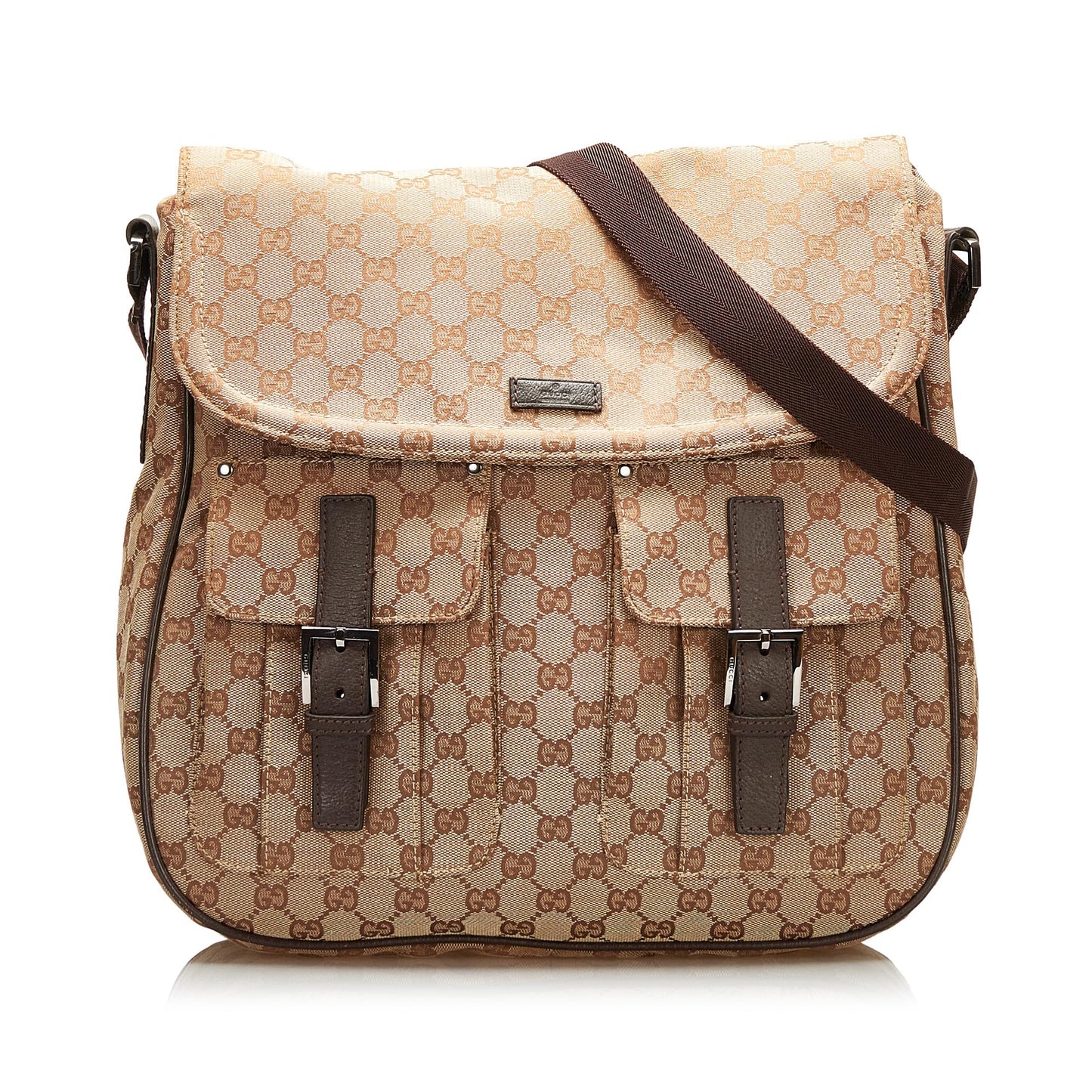 Gucci GG Double Pocket Messenger SHG Canvas Brown Flap Crossbody Bag