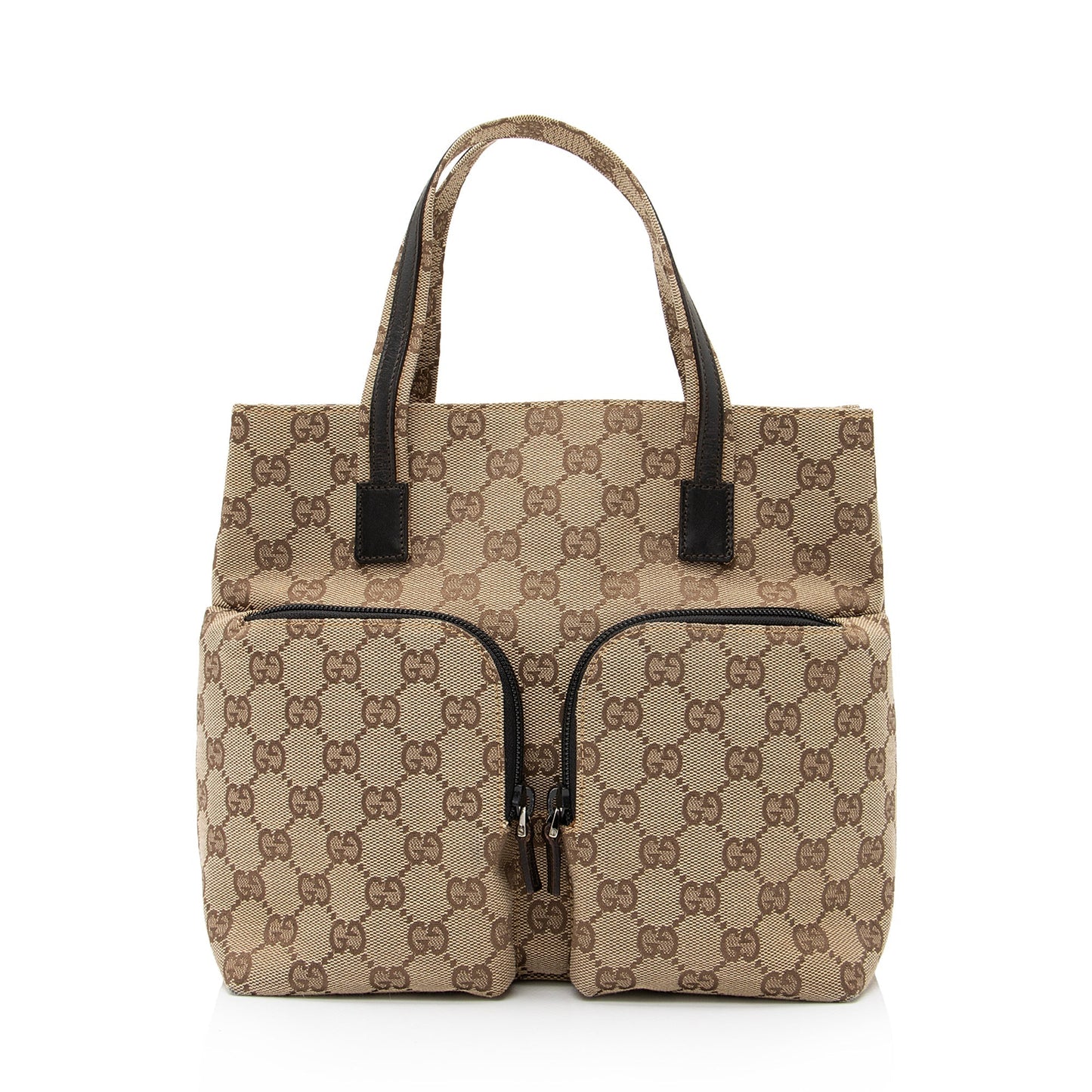 Gucci GG Double Pocket SHF Leather Canvas Brown Beige Tote Bag