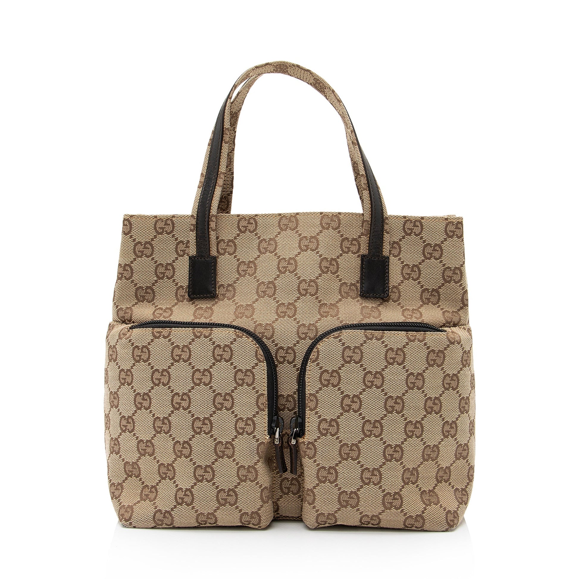 Gucci GG Double Pocket SHF Leather Canvas Brown Beige Tote Bag