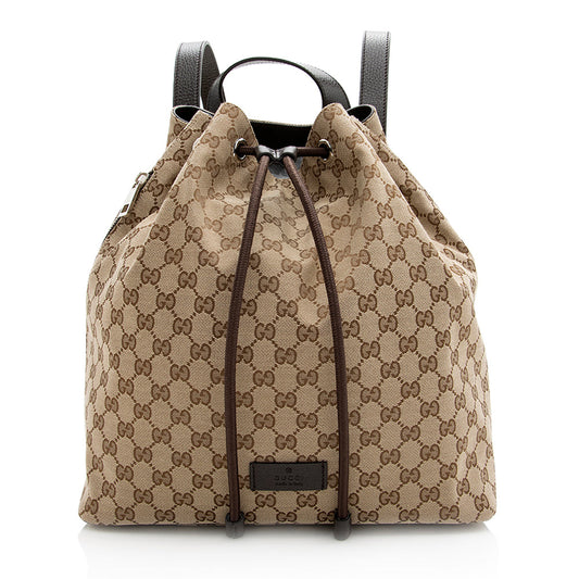 Gucci GG Drawstring Backpack SHF Leather Canvas Brown Beige Jewelry Backpack Shf