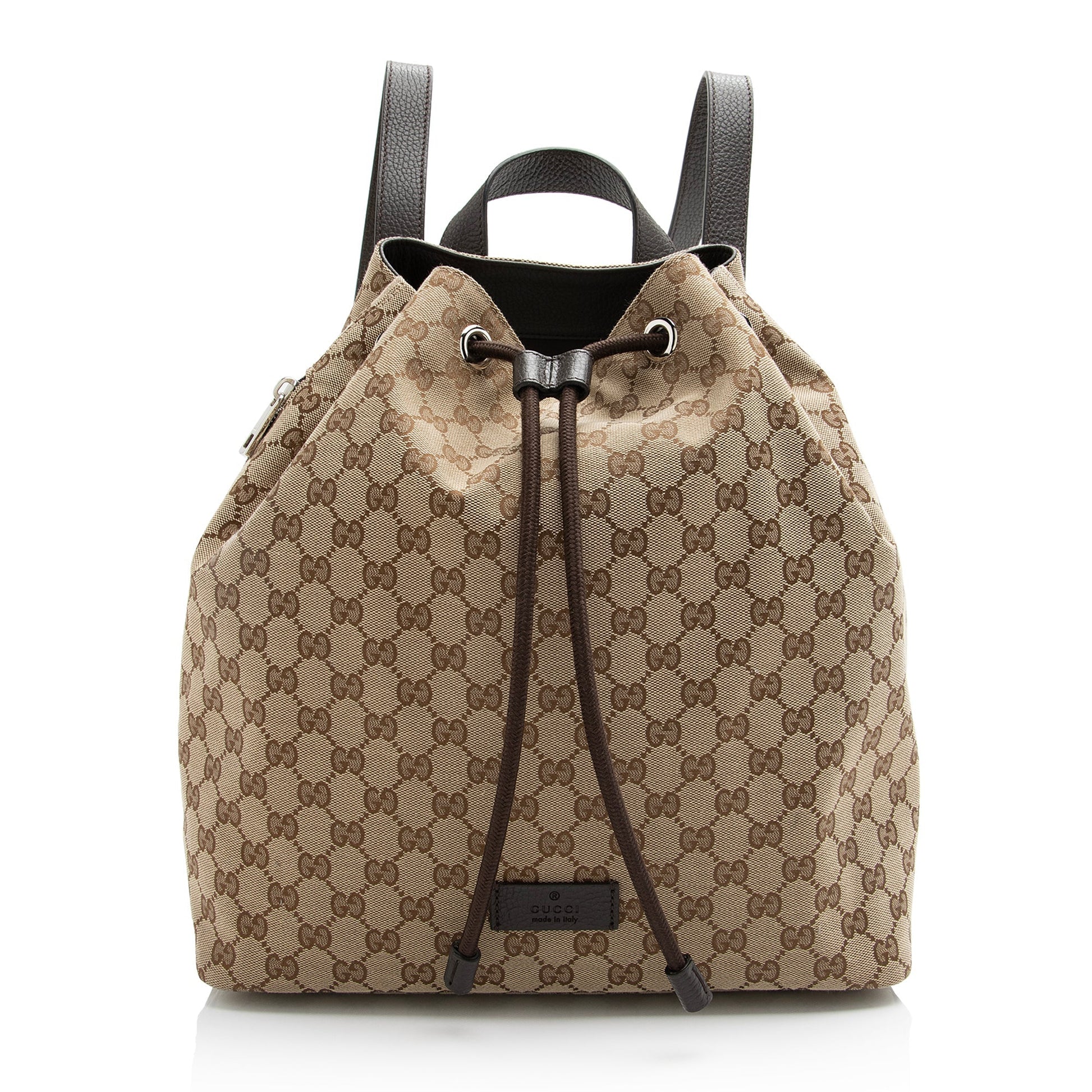 Gucci GG Drawstring Backpack SHF Leather Canvas Brown Beige Jewelry