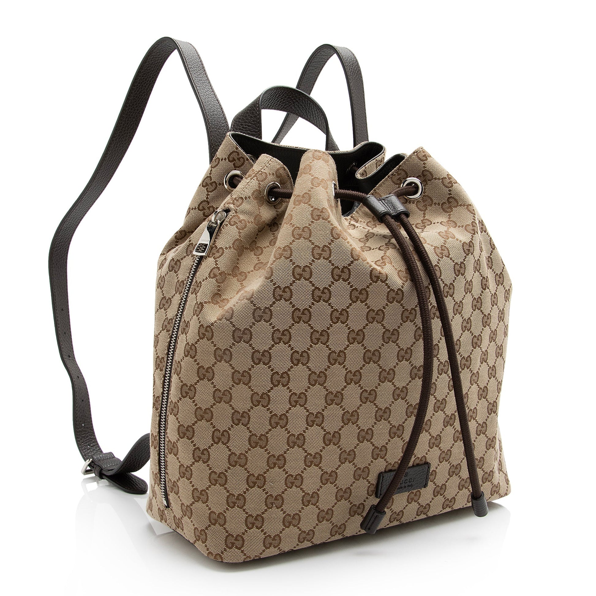 Gucci GG Drawstring Backpack SHF Leather Canvas Brown Beige Jewelry