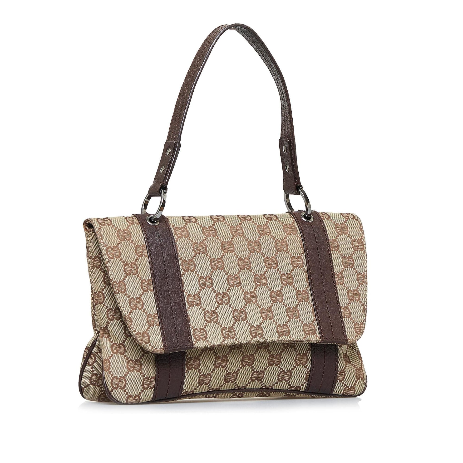 Gucci GG SHG-wwcrBP Canvas Calf Brown Flap Satchel Bag