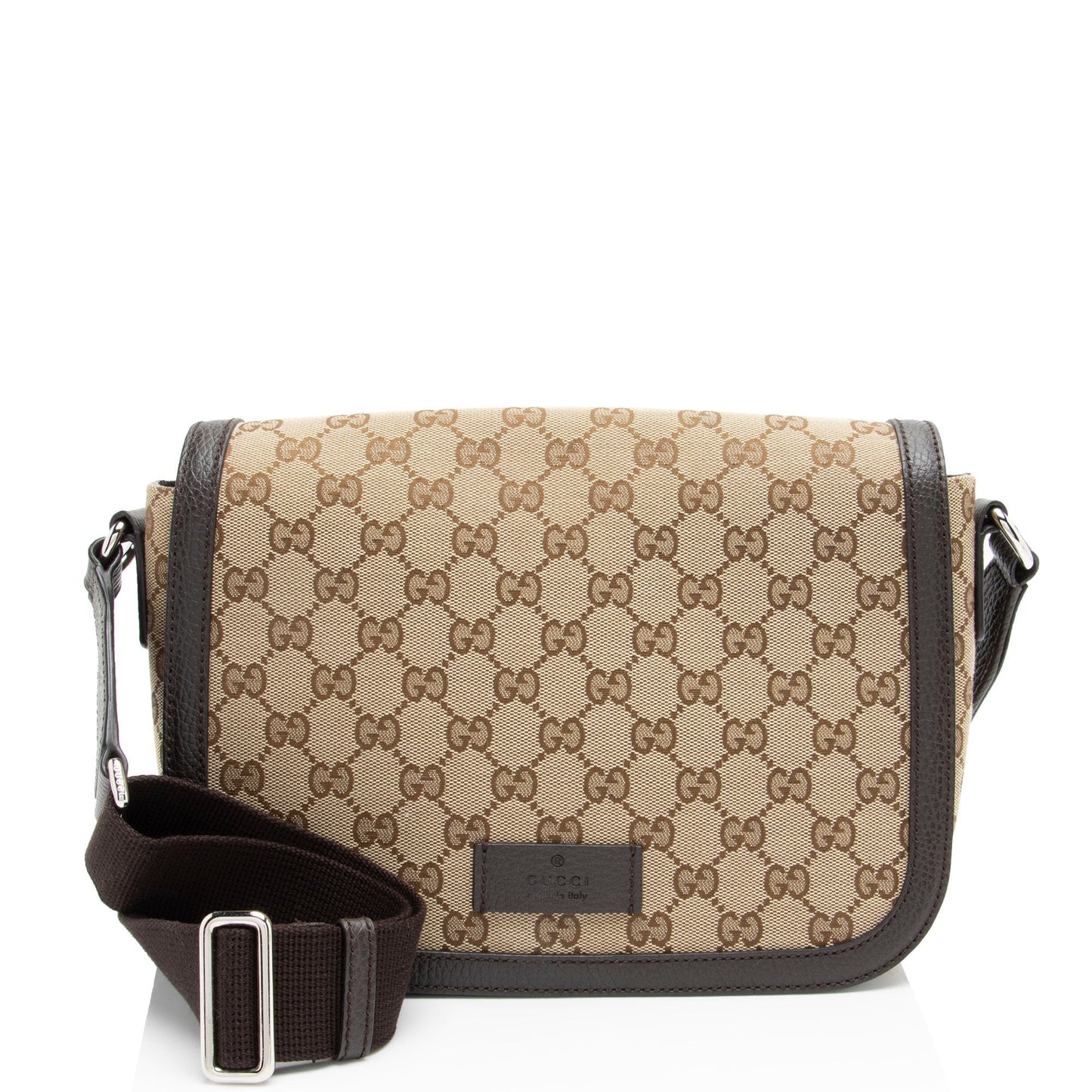 Gucci GG Flap Messenger Leather Canvas Nylon Brown Shoulder Bag