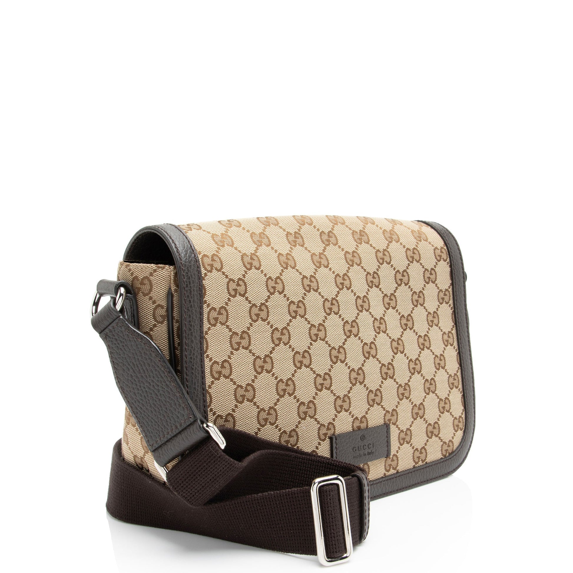 Gucci GG Flap Messenger Leather Canvas Nylon Brown Shoulder Bag