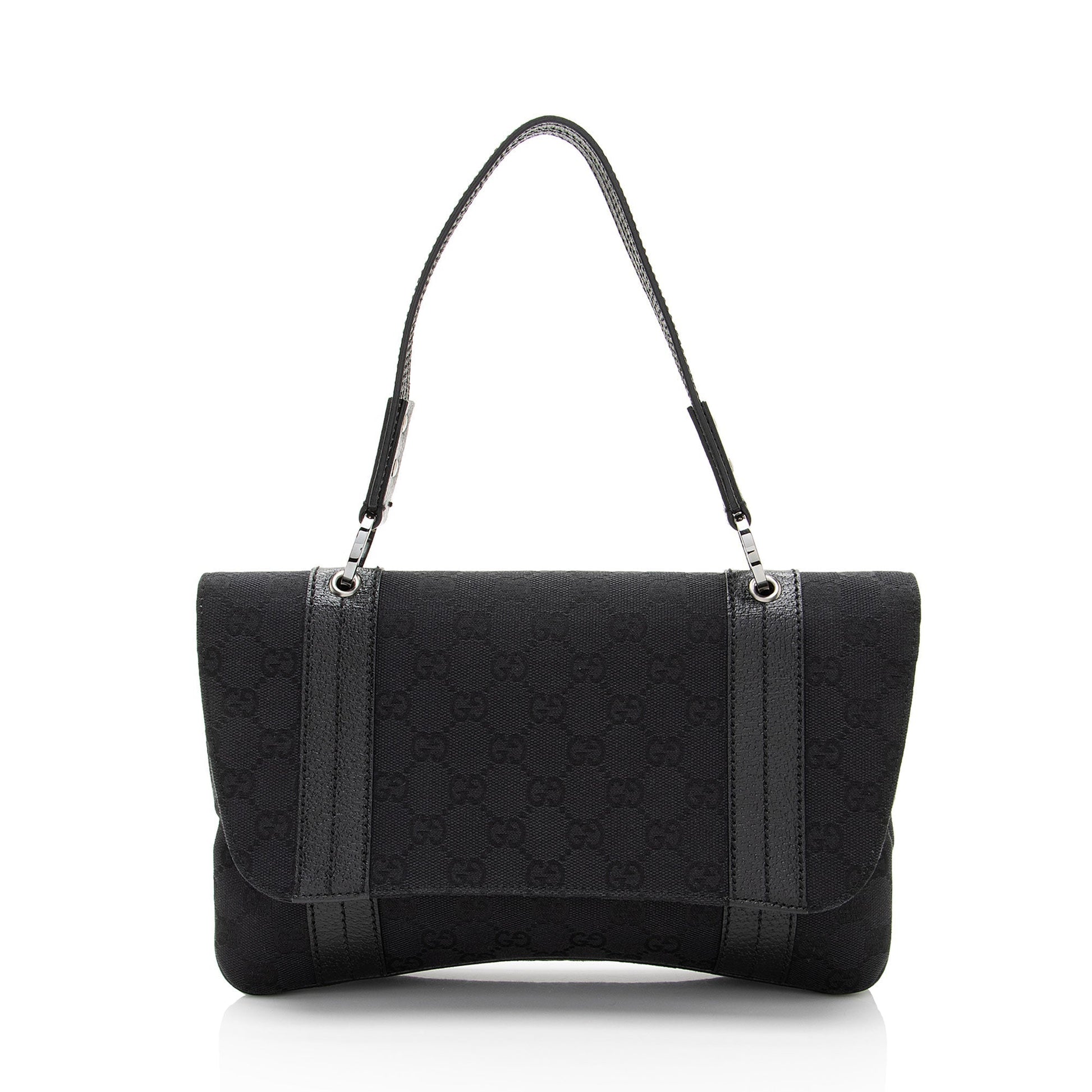 Gucci GG Top Handle Leather Canvas Black Flap Satchel Bag