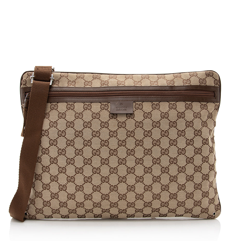 Gucci GG Flat Messenger SHF Leather Canvas Brown Beige Shoes