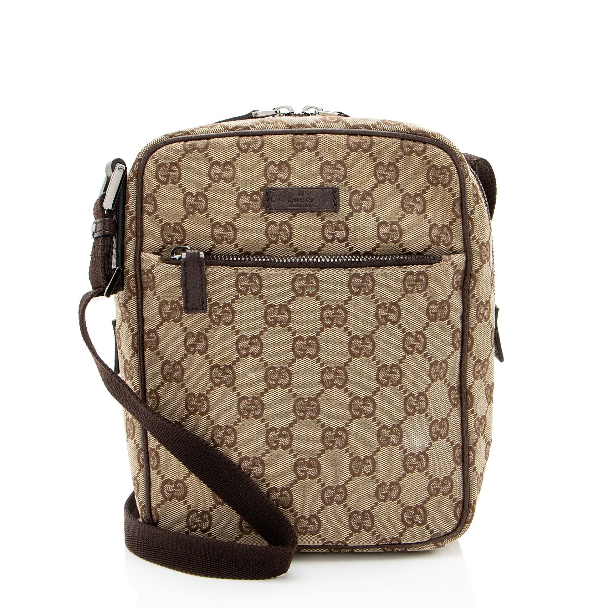 Gucci GG Flight Leather Canvas Brown Crossbody Bag