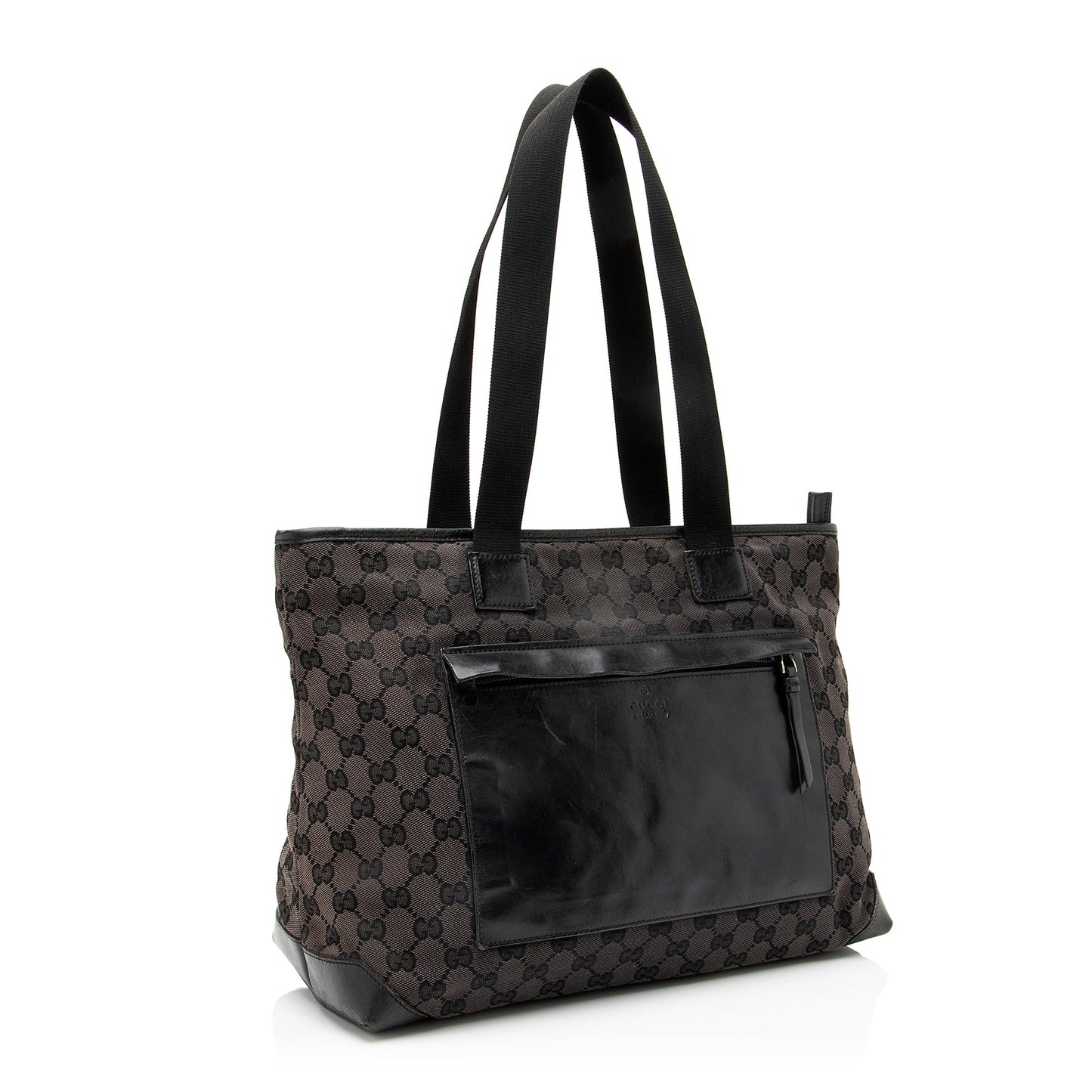 Gucci GG Front Pocket E W Leather Canvas Nylon Black Tote Bag