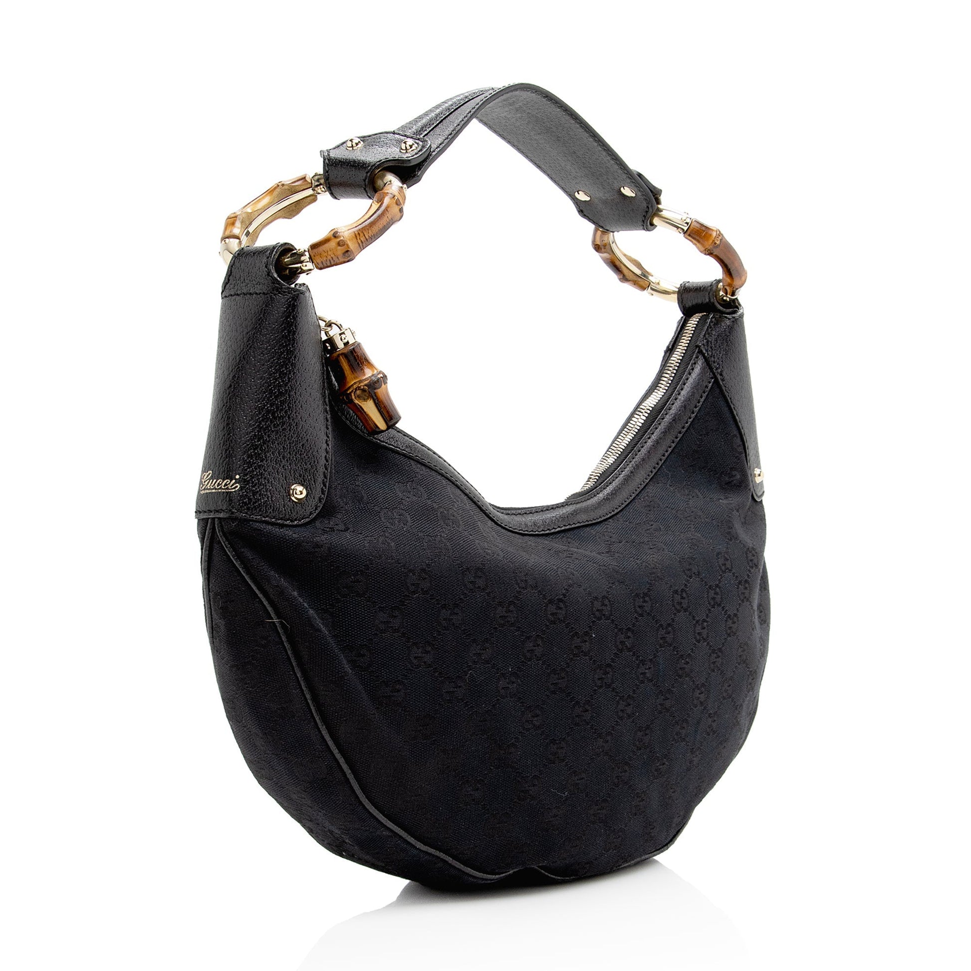 Gucci GG Bamboo Half Moon SHF Leather Canvas Black Medium Shoulder Bag