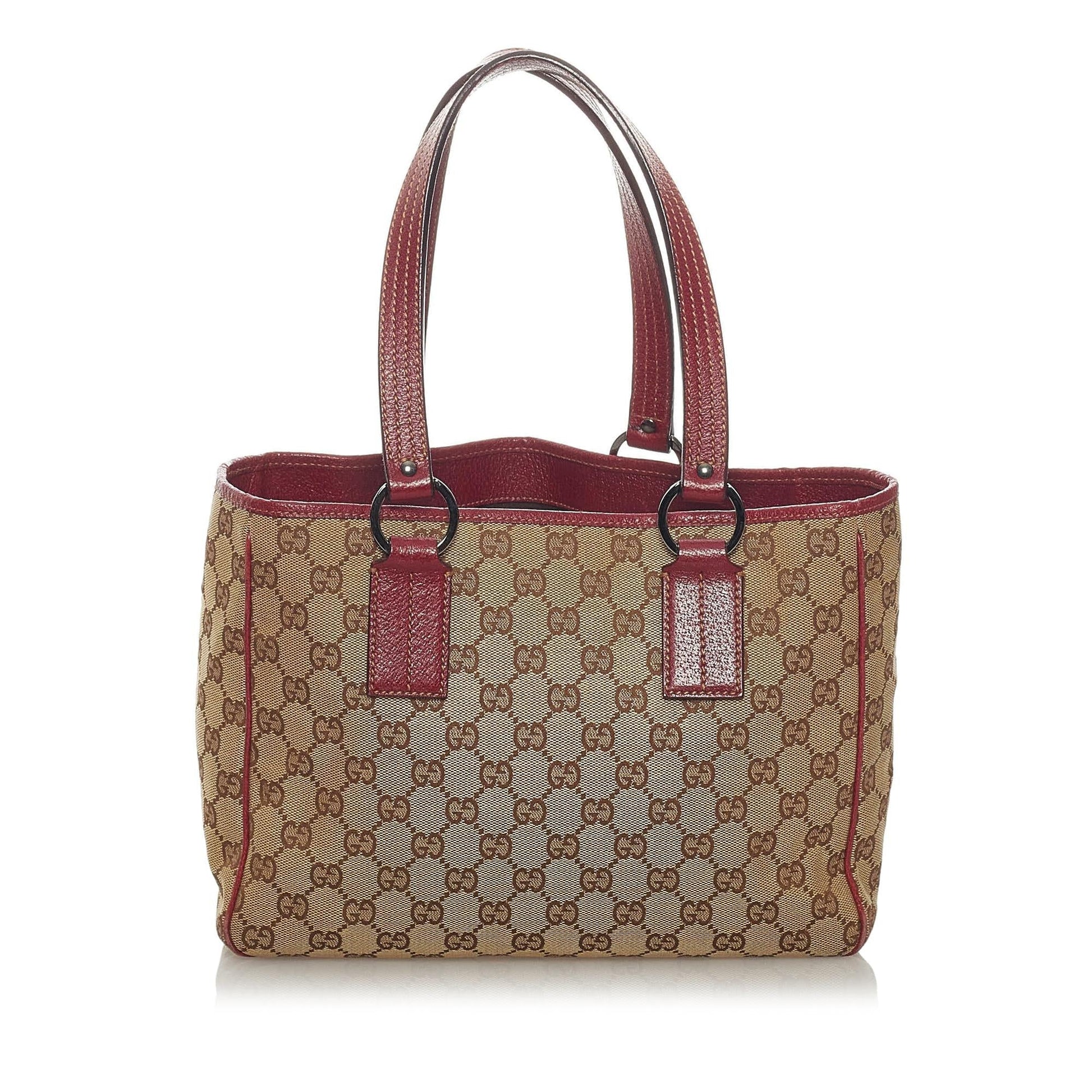 Gucci GG SHG Canvas Brown Red Satchel Bag Handbag Shg