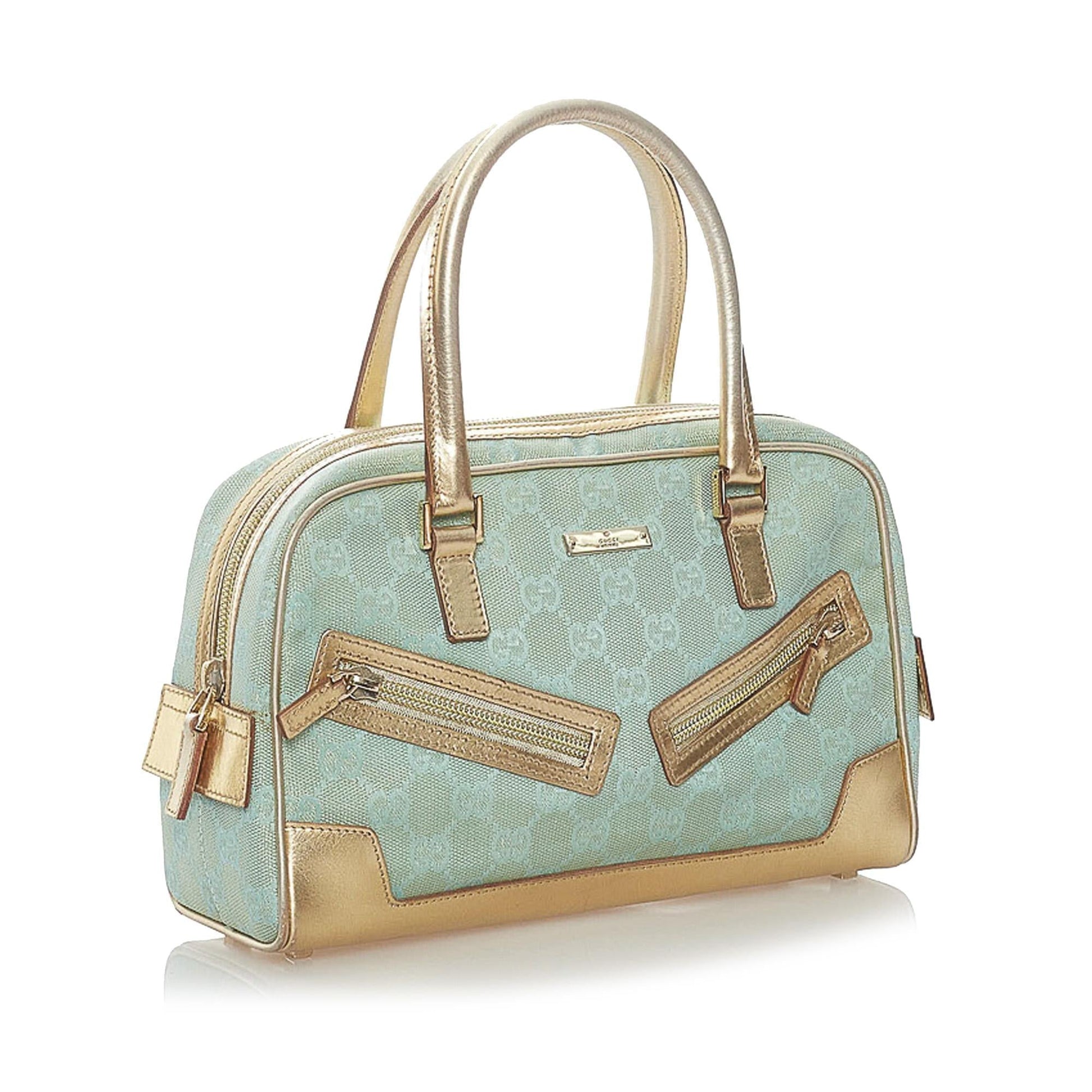 Gucci GG SHG Canvas Blue Gold Satchel Bag