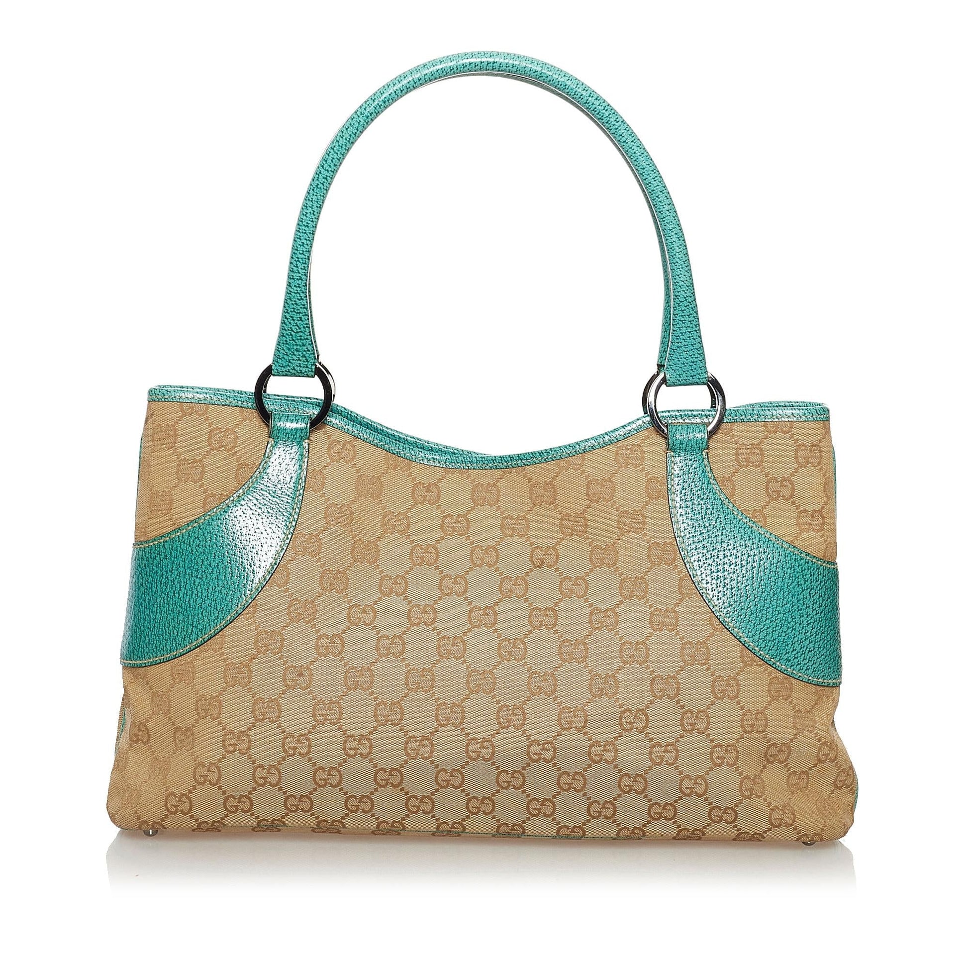 Gucci GG SHG Canvas Calf Brown Green Satchel Bag 3