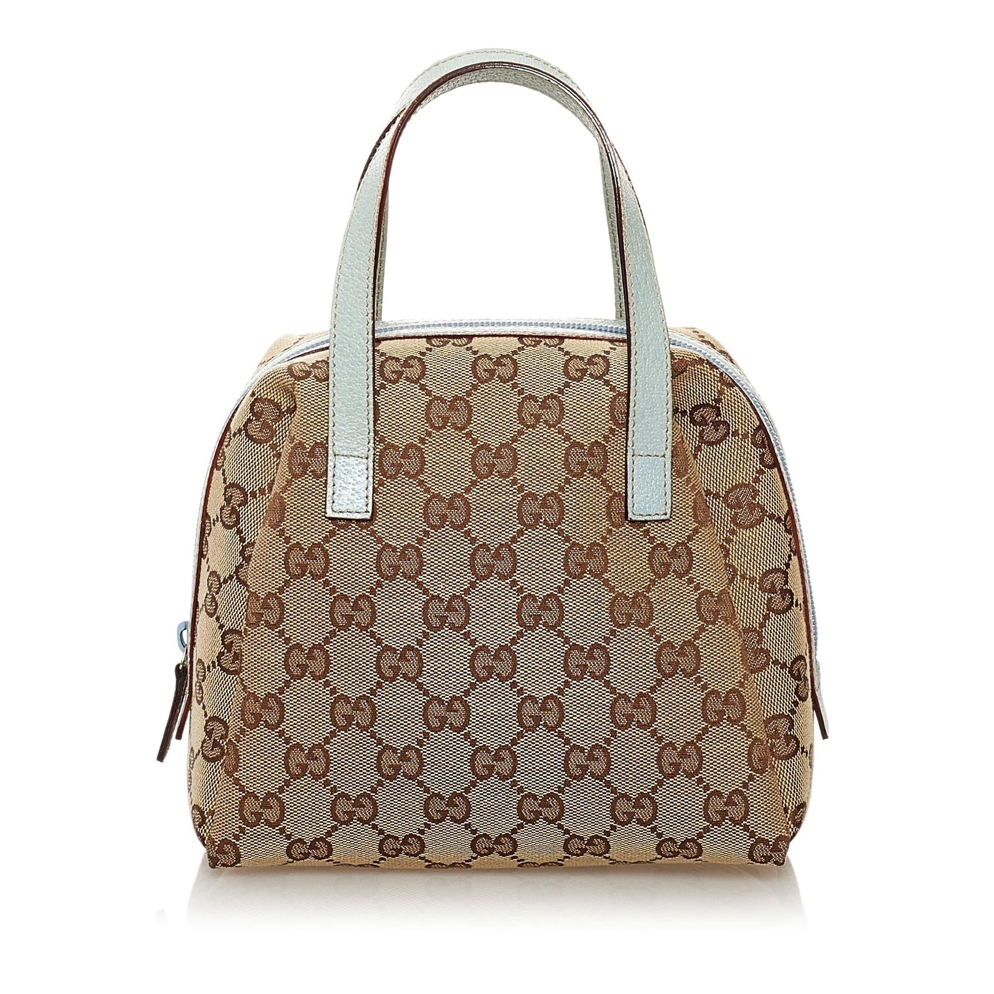 Gucci GG SHG Canvas Calf Brown Blue Satchel Bag