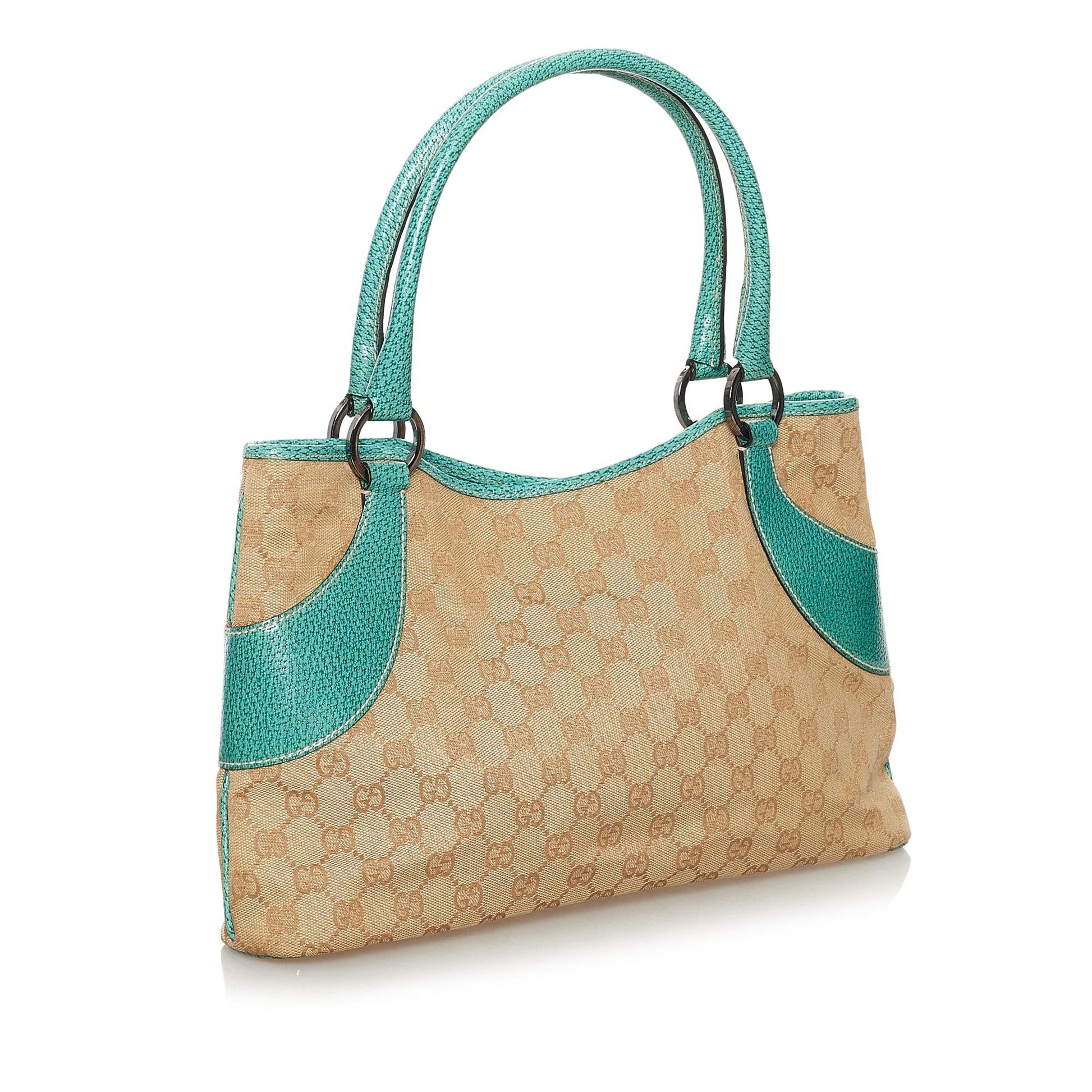 Gucci GG SHG Canvas Calf Brown Green Satchel Bag Handbag Shg
