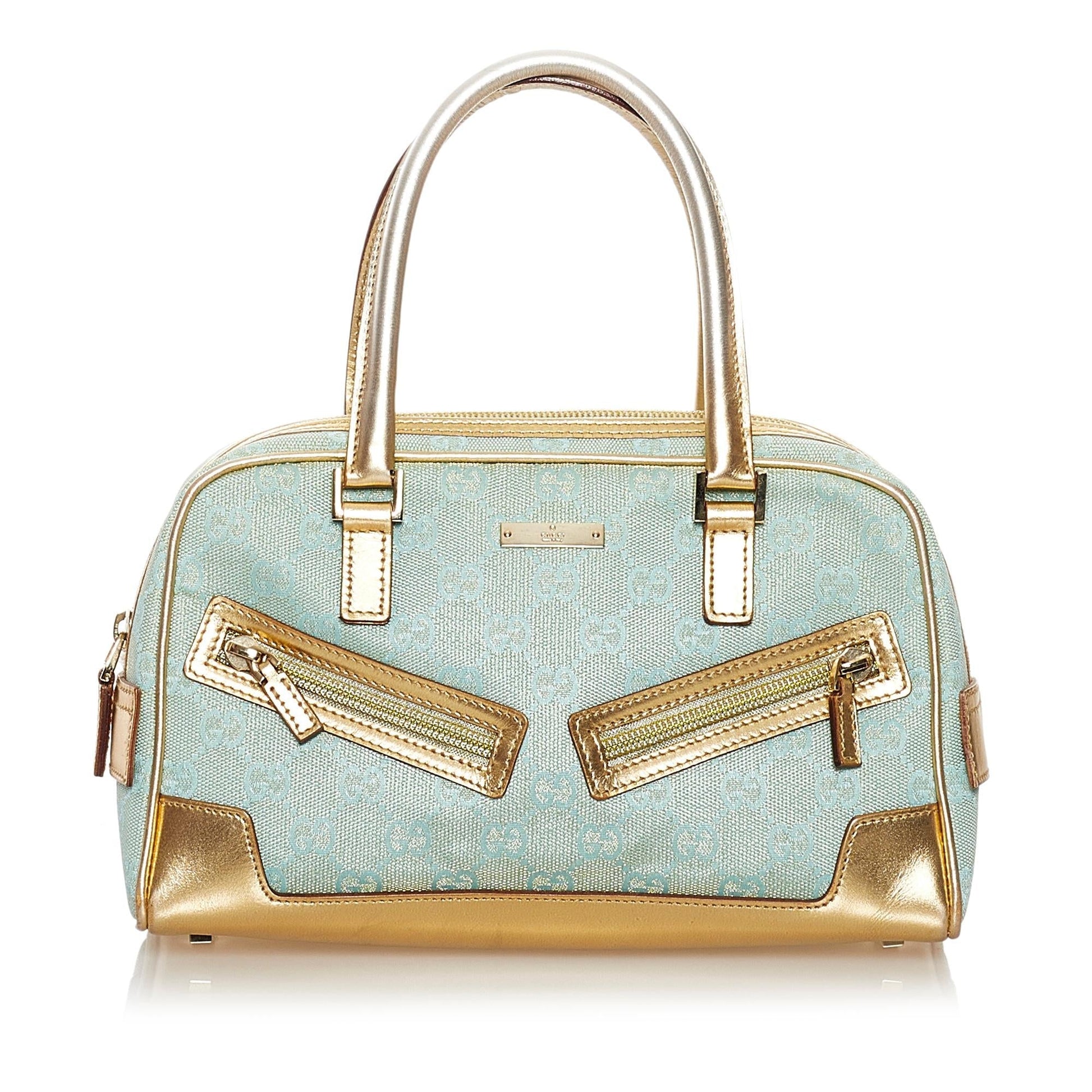 Gucci GG SHG Canvas Calf Blue Gold Satchel Bag