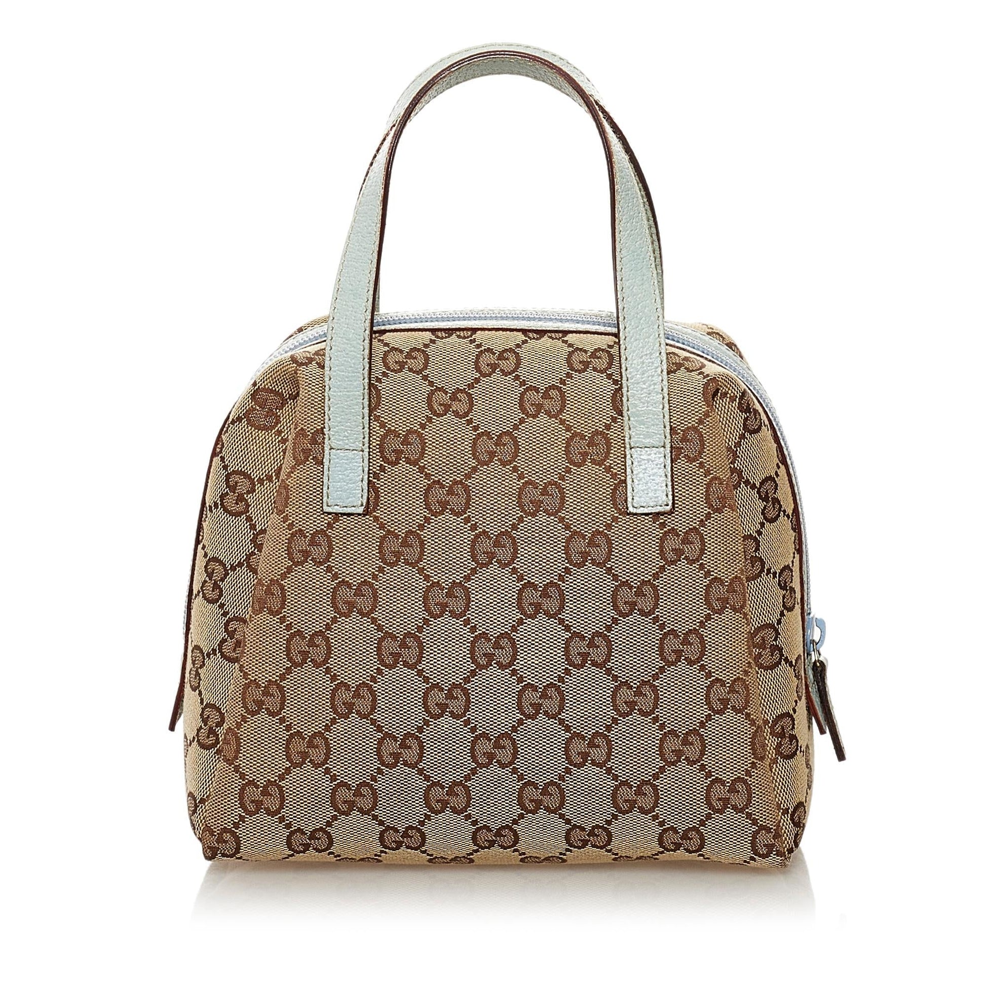 Gucci GG SHG Canvas Calf Brown Blue Satchel Bag 3