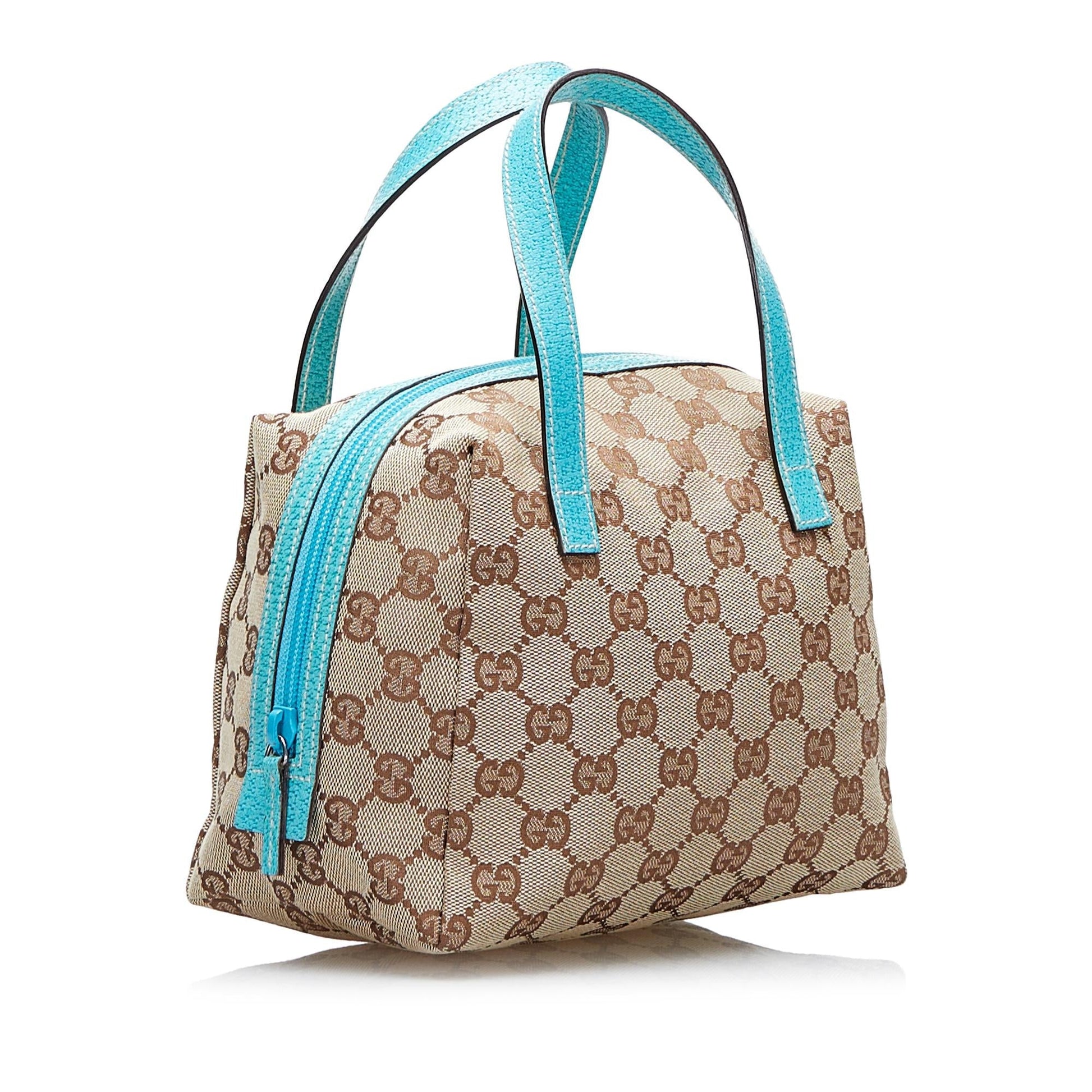 Gucci GG SHG-8R5f6e Canvas Calf Brown Blue Satchel Bag
