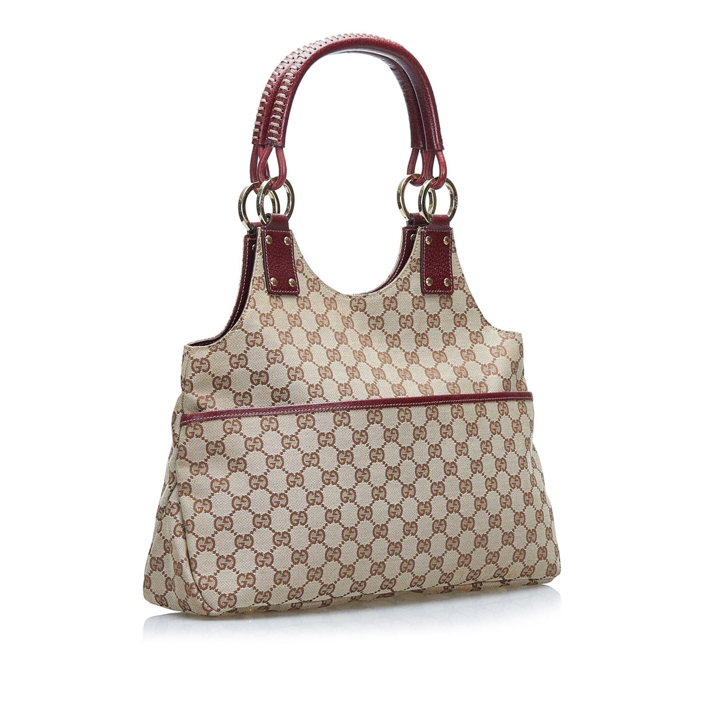 Gucci GG SHG-z4RIcc Canvas Calf Brown Red Satchel Bag