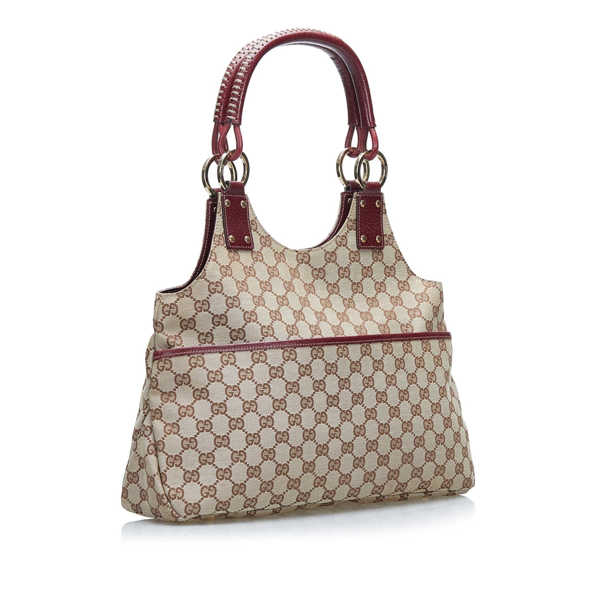 Gucci GG SHG-z4RIcc Canvas Calf Brown Red Satchel Bag