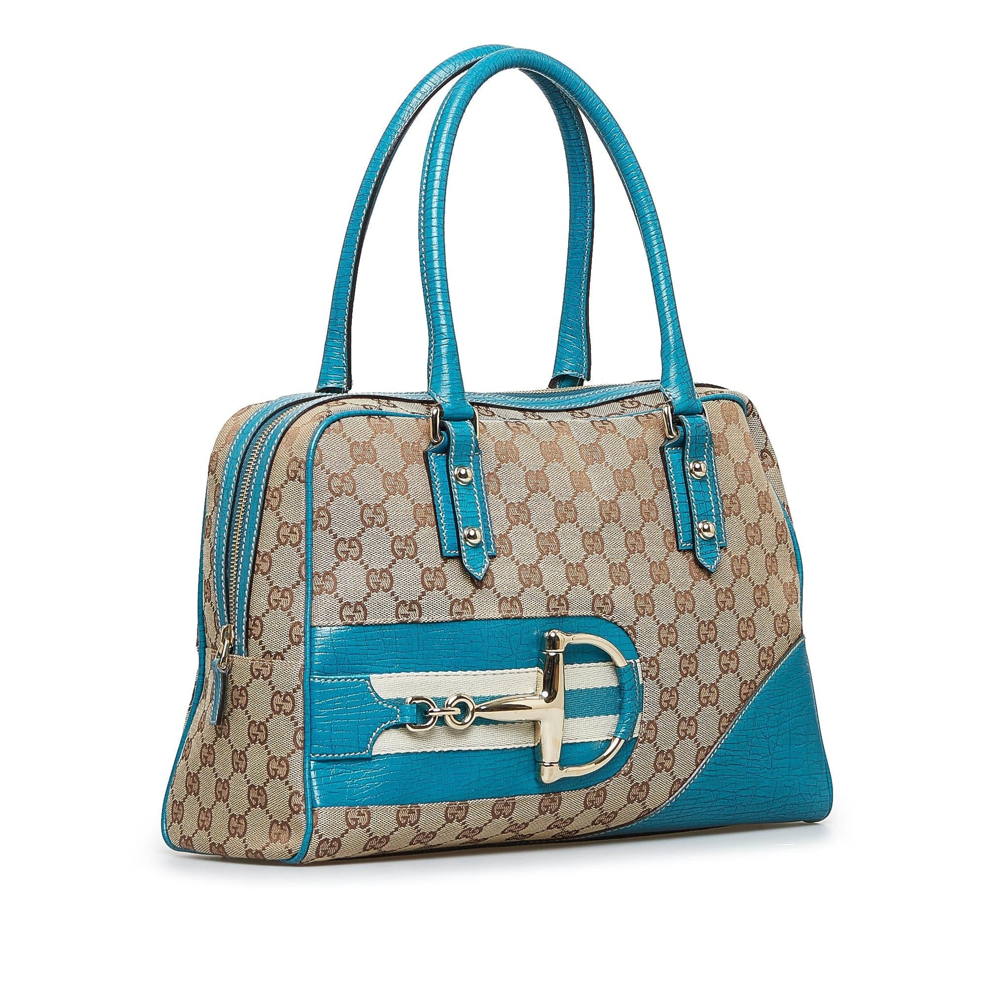 Gucci GG Hasler SHG-0vFtKP Canvas Calf Brown Blue Satchel Bag
