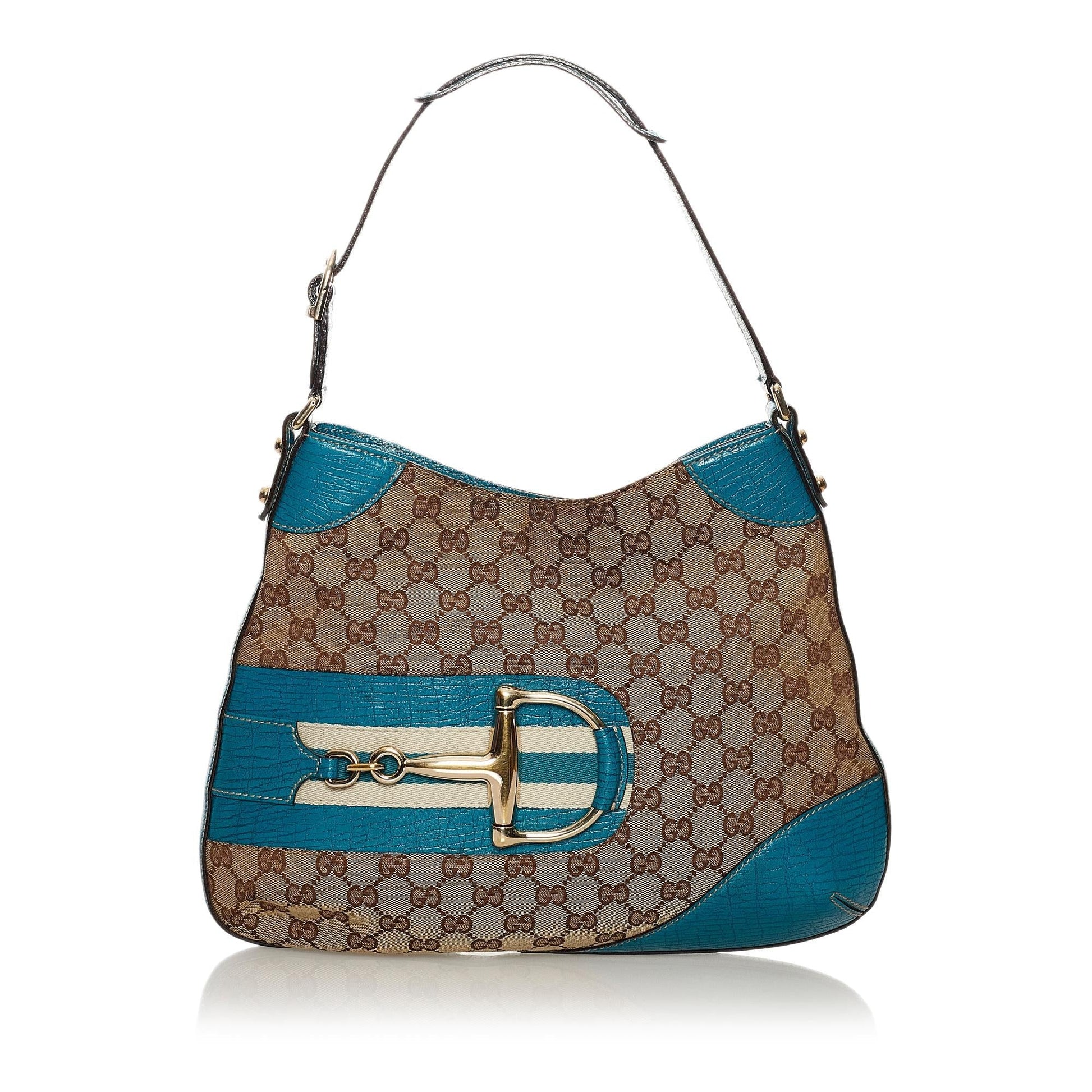 Gucci GG Hasler Horsebit SHG Canvas Brown Blue Shoulder Bag