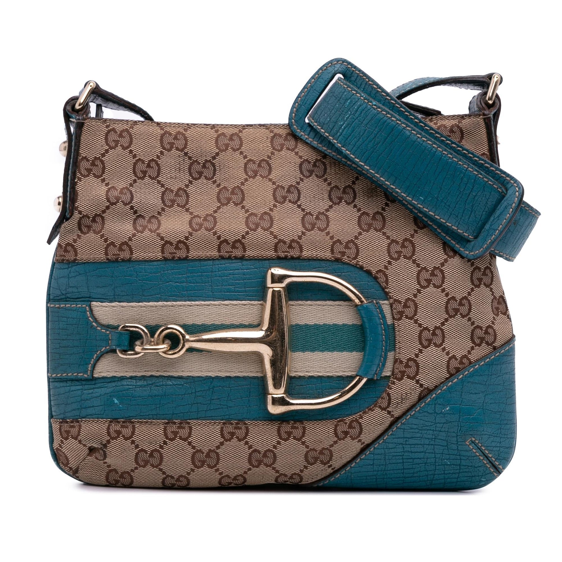 Gucci GG Hasler Web Canvas Calf Brown Blue Crossbody Bag