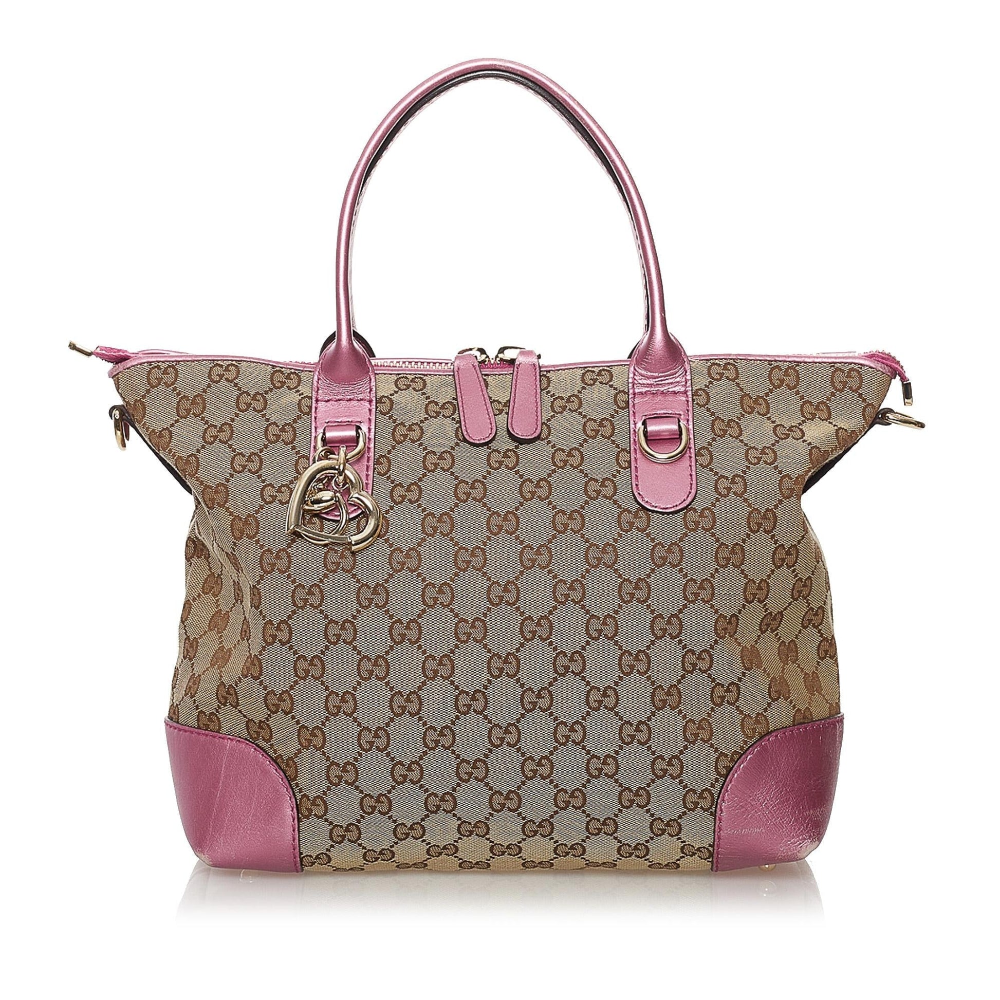 Gucci GG Heart Bit SHG Canvas Brown Pink Satchel Bag