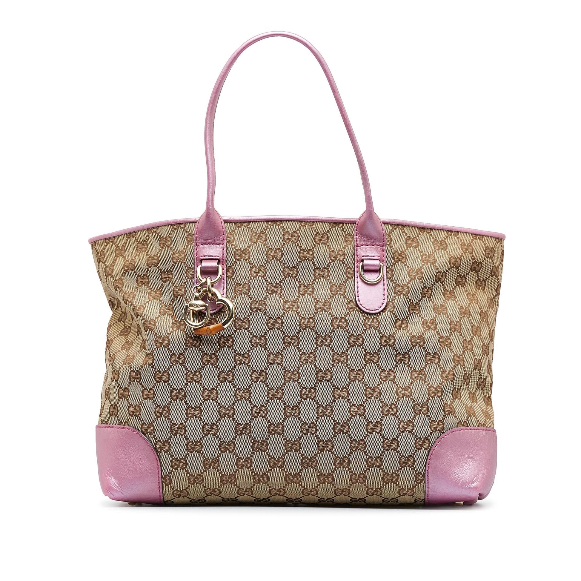Gucci GG Heart Bit SHG-8tNWwL Canvas Calf Brown Pink Tote Bag