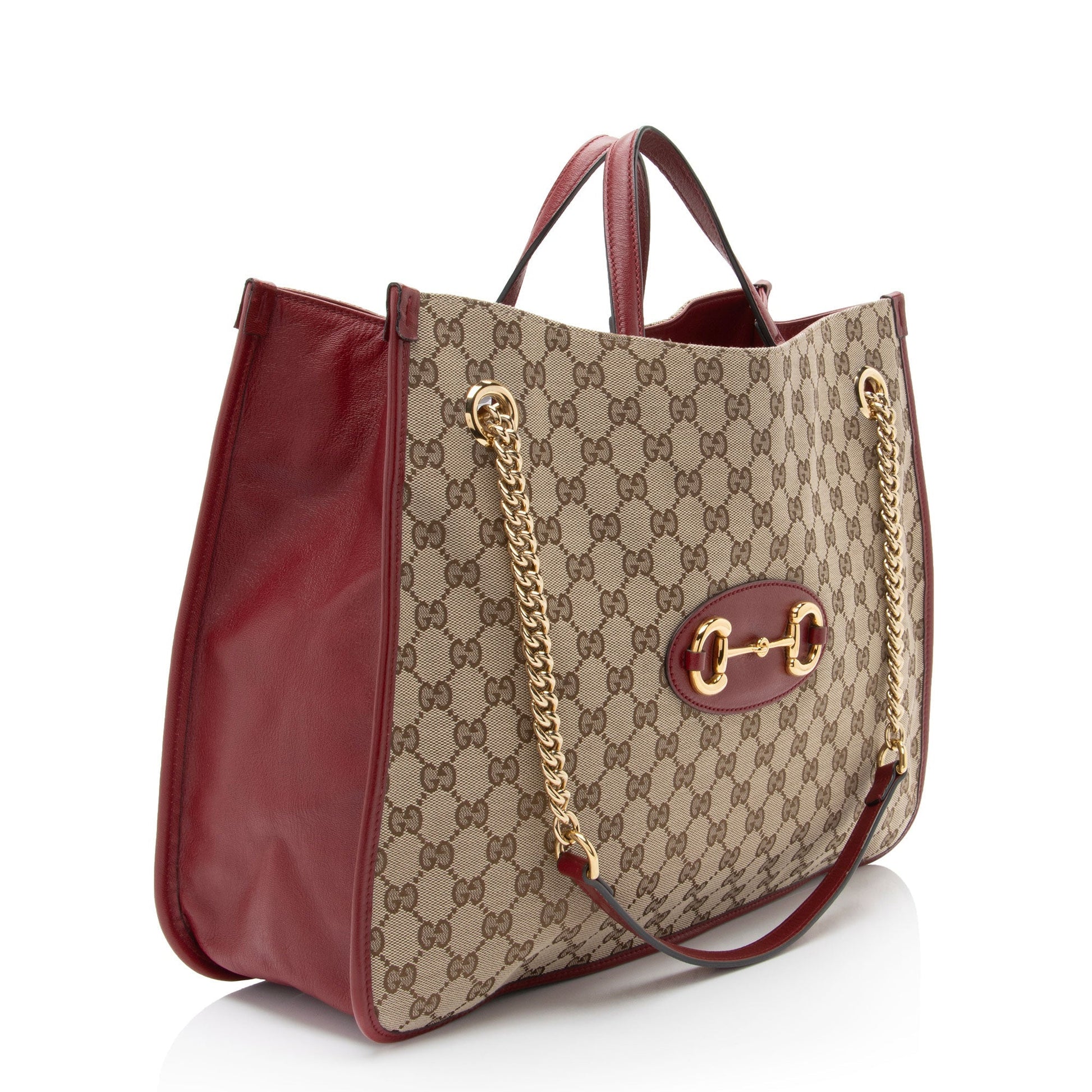 Gucci GG Horsebit Chain Leather Canvas Beige Red Tote Bag