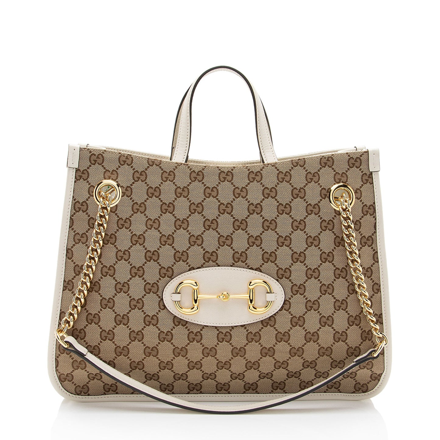 Gucci GG Horsebit Chain Leather Canvas White Beige Tote Bag