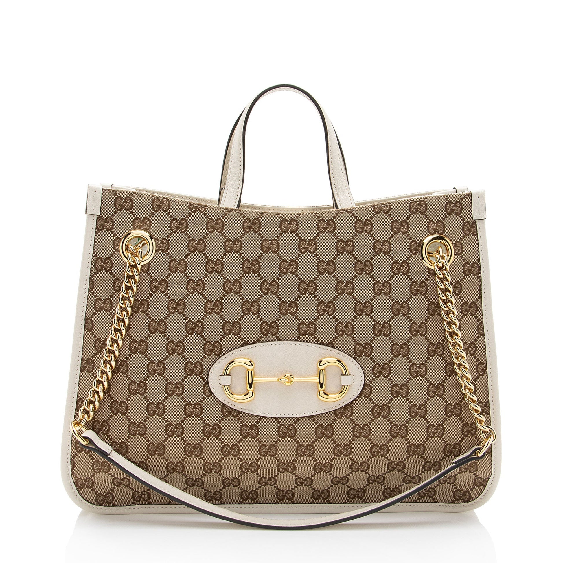 Gucci GG Horsebit Chain Leather Canvas White Beige Tote Bag