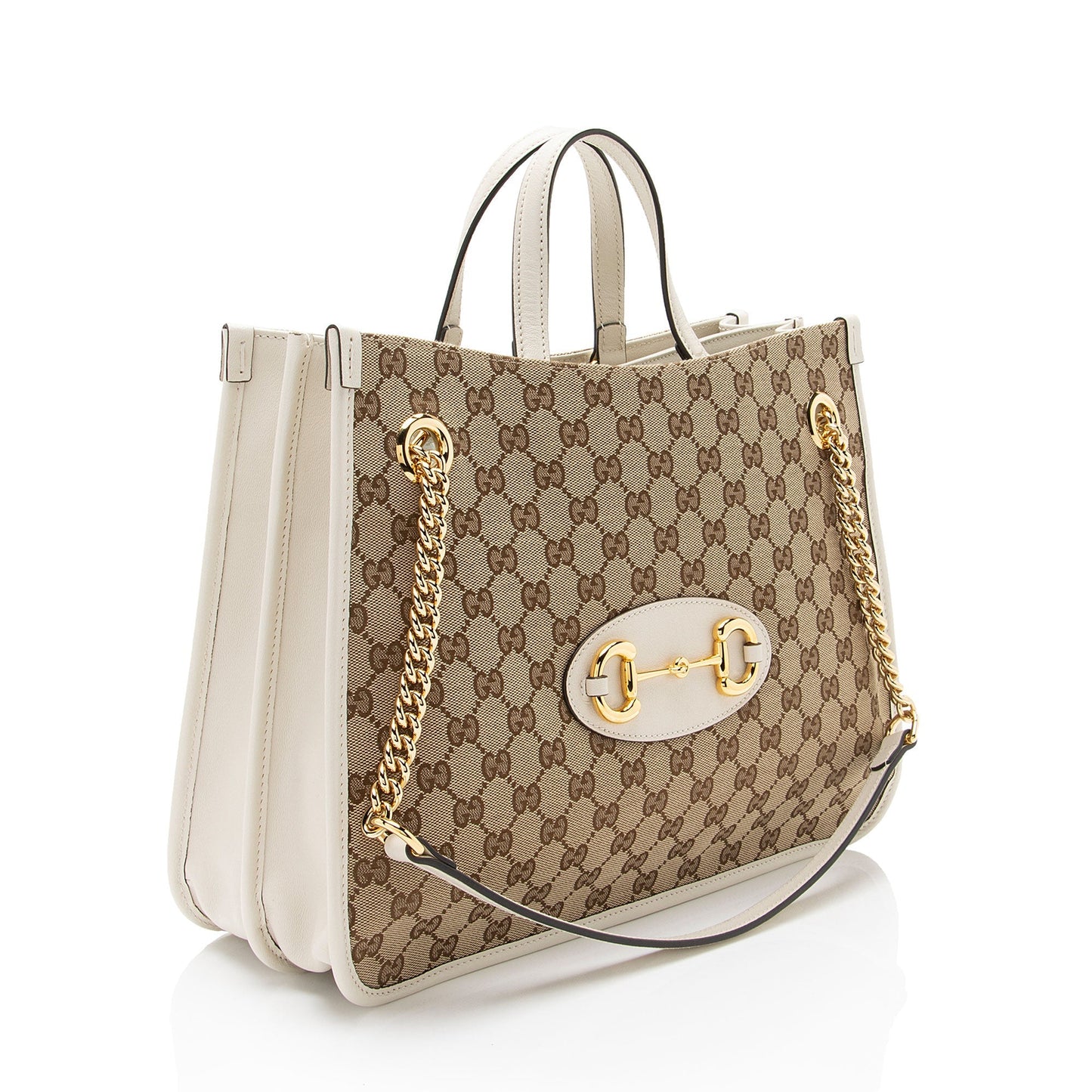 Gucci GG Horsebit Chain Leather Canvas White Beige Tote Bag