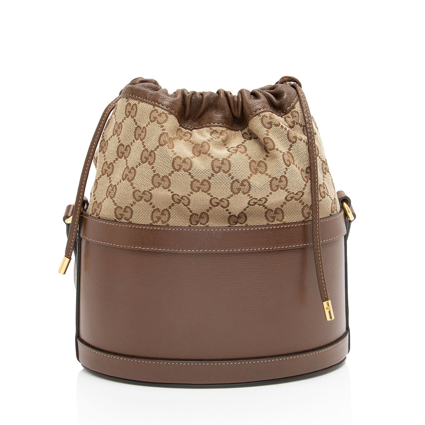 Gucci GG Horsebit Drawstring Bucket Leather Canvas Brown Beige Jewelry