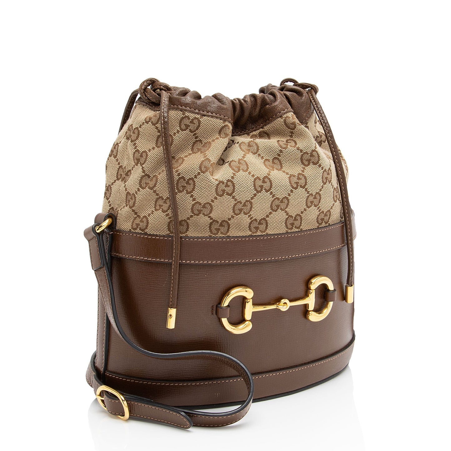 Gucci GG Horsebit Drawstring Bucket Leather Canvas Brown Beige Jewelry
