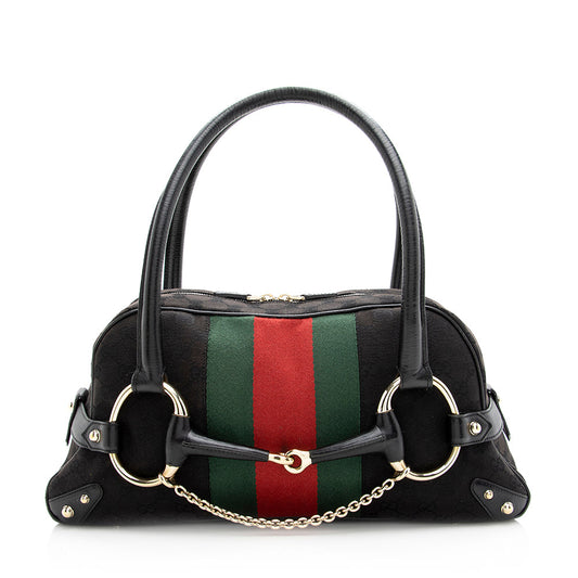 Gucci GG Web Horsebit Boston SHF Leather Canvas Nylon Black Satchel Bag