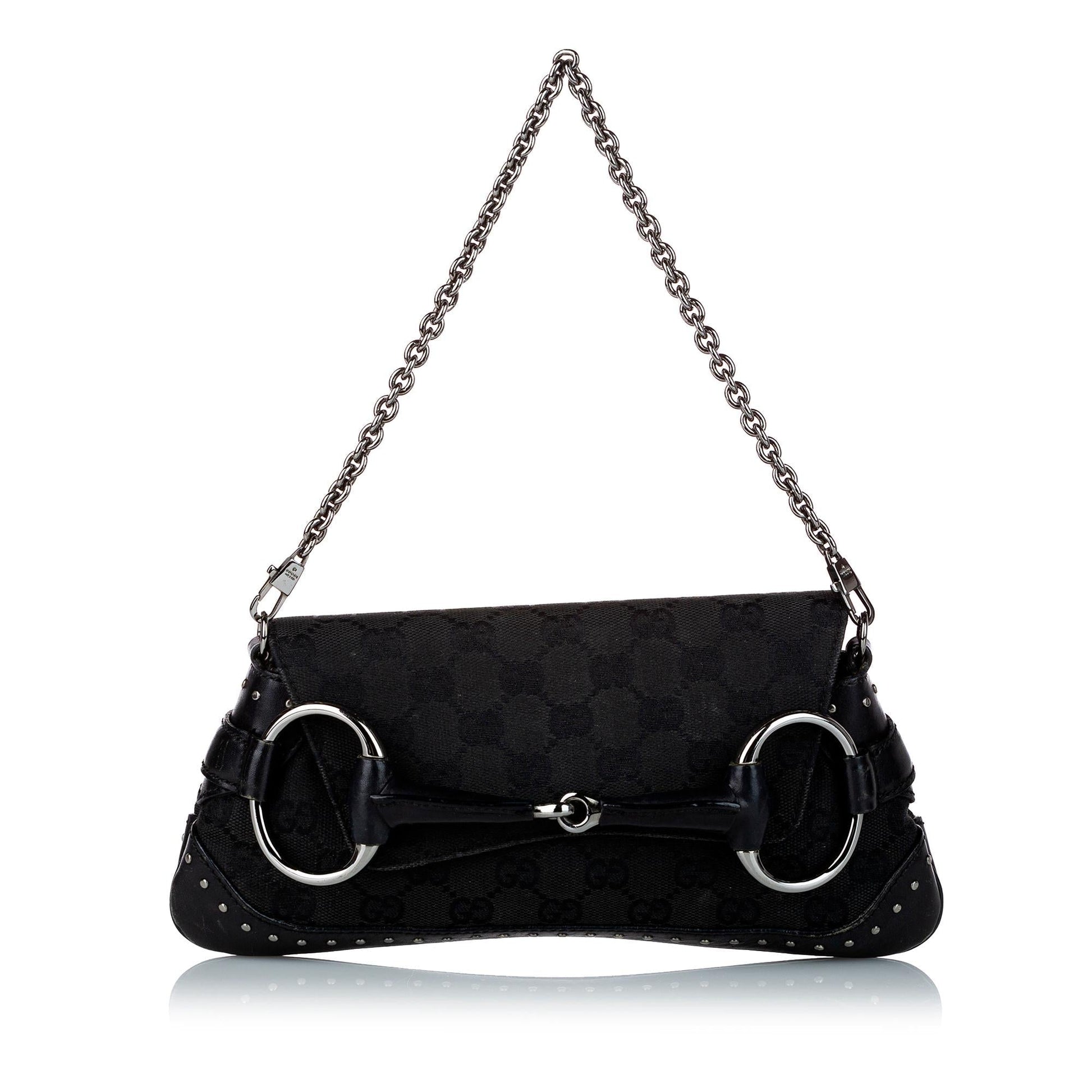 Gucci GG Horsebit Baguette SHG-uZLe9a Canvas Black Chain Handbag