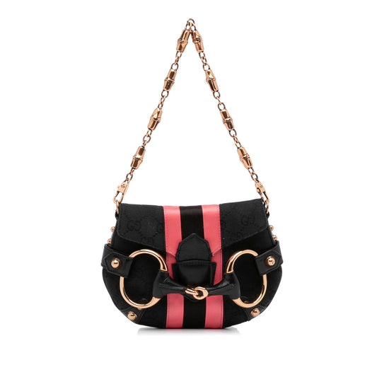 Gucci GG Horsebit Baguette SHG-FcwgFl Canvas Black Pink Chain Handbag